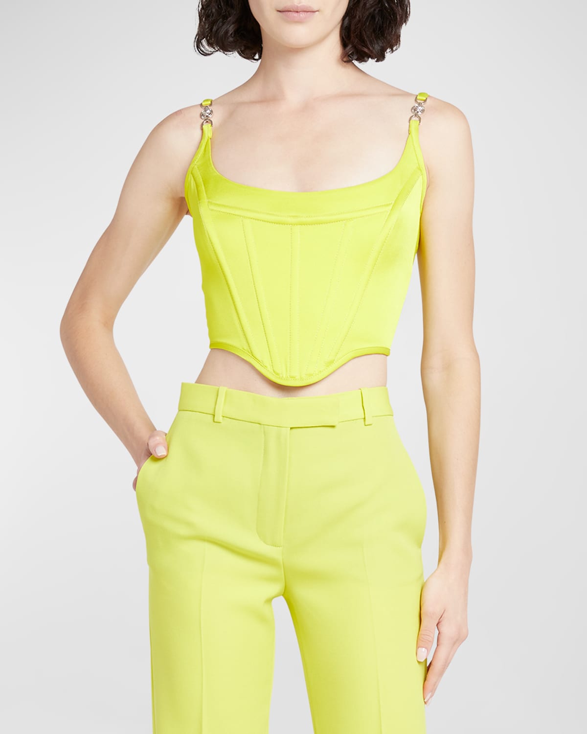 Shop Versace Satin Corset Top With Medusa Hardware In Mimosa