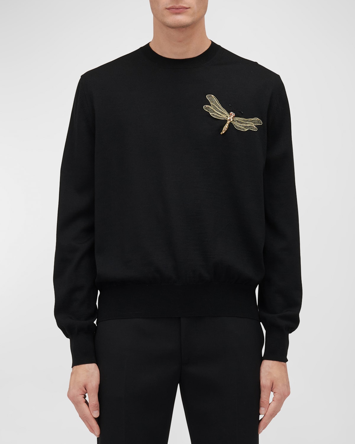 Alexander Mcqueen Men's Wool Sweater With Dragonfly In Blackgold
