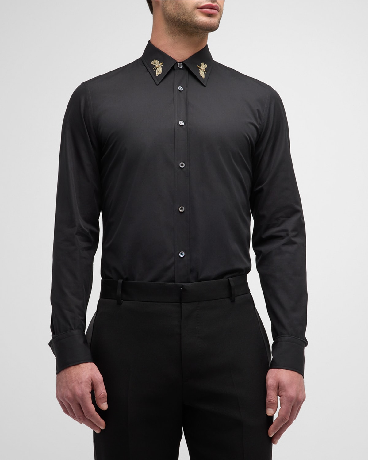 Shop Alexander Mcqueen Men's Embroidered Dragonfly Sport Shirt In Black