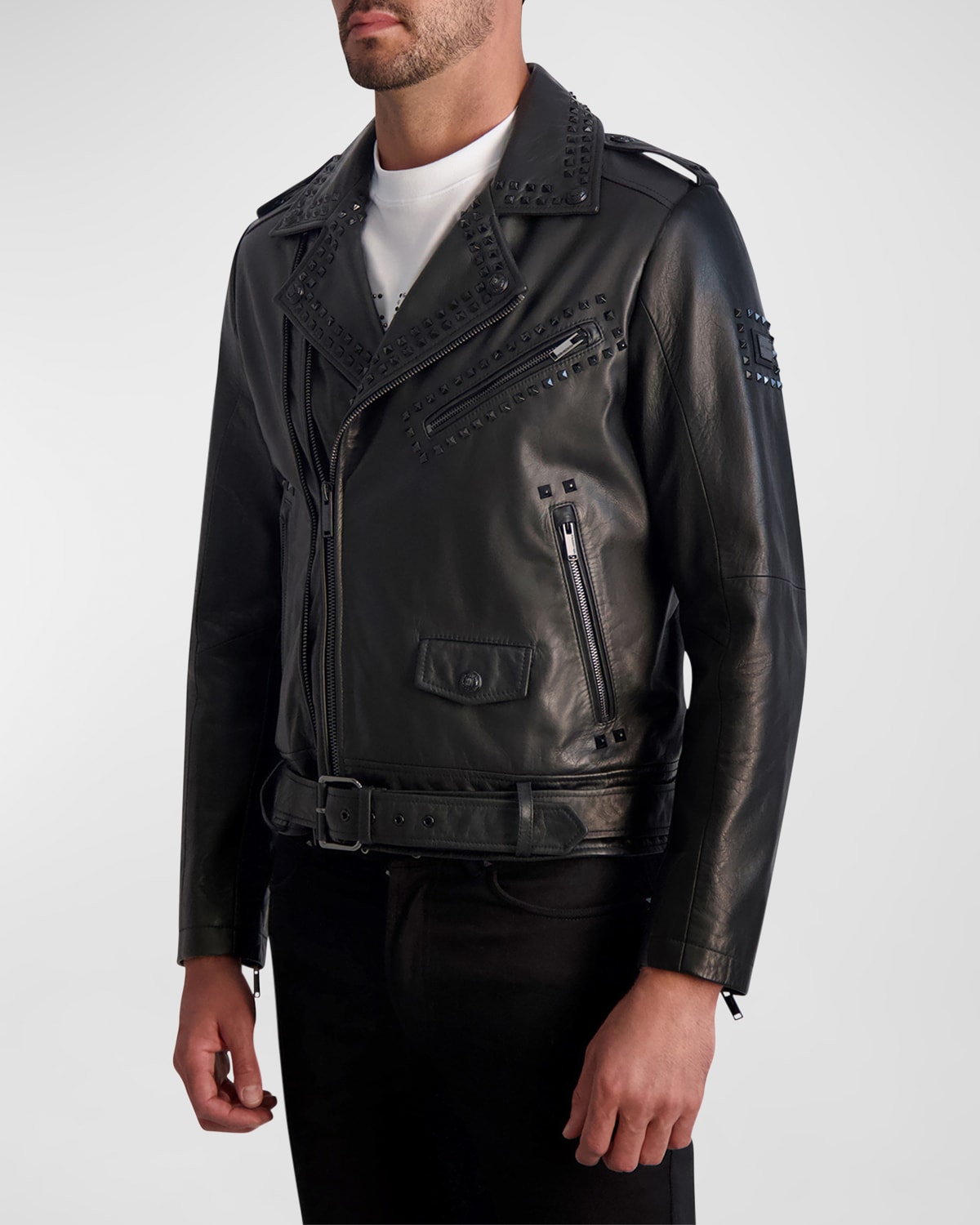 Shop Karl Lagerfeld Men's Studded Leather Biker Jacket In Black