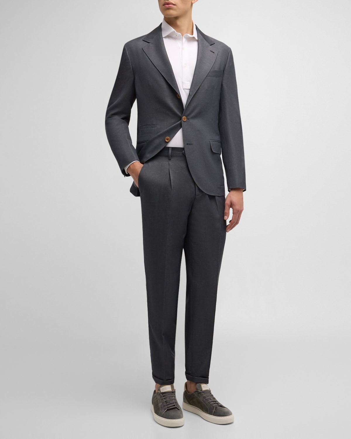 Shop Brunello Cucinelli Men's Wool And Linen Three-button Suit In Dark Grey