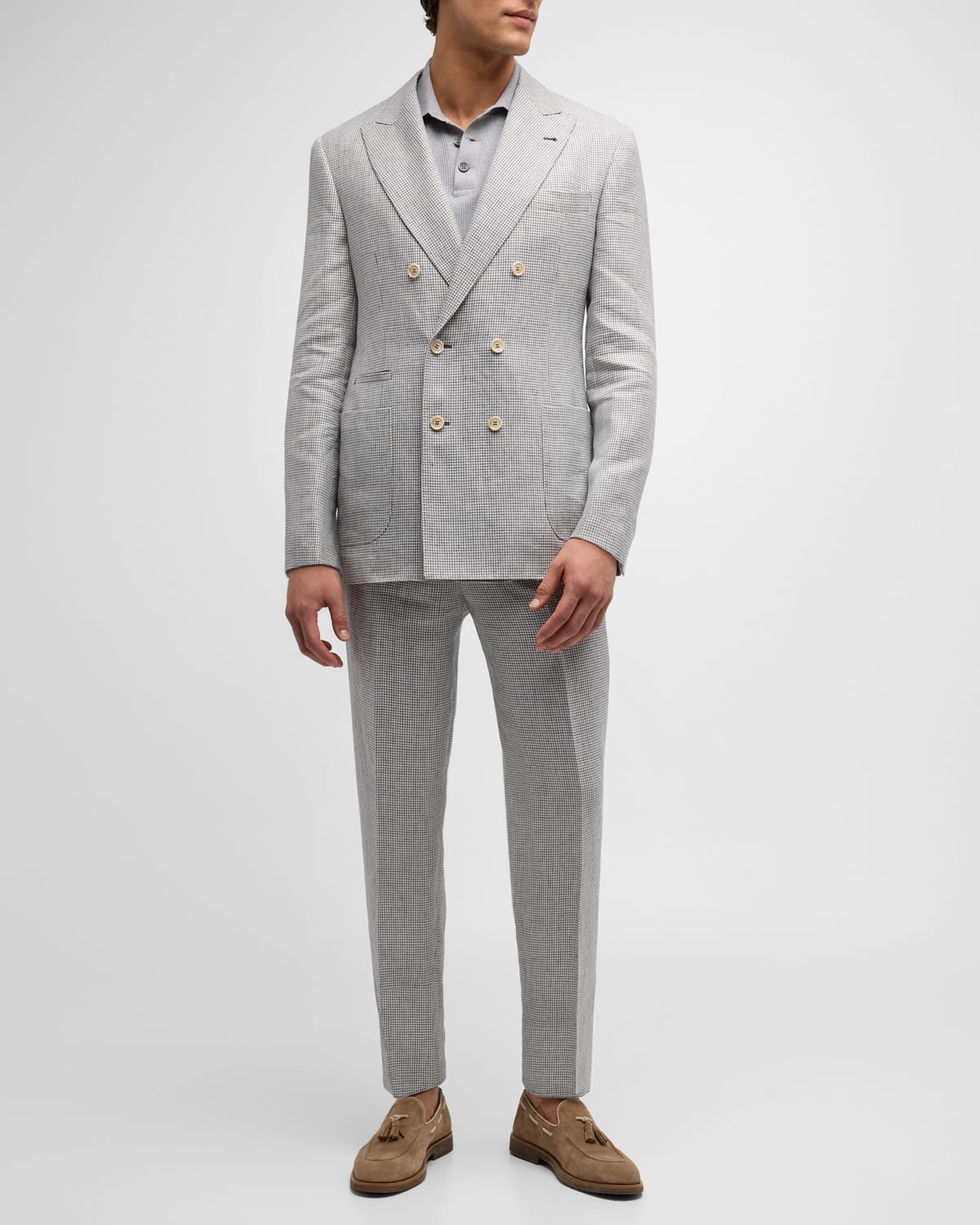Shop Brunello Cucinelli Men's Linen Houndstooth Double-breasted Suit In Grey/white