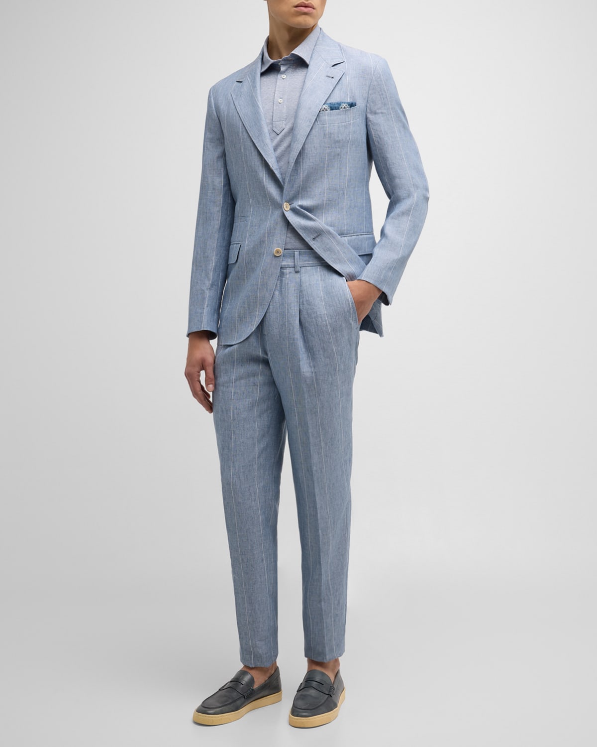 Shop Brunello Cucinelli Men's Linen Wide Stripe Three-button Suit In Light Blue