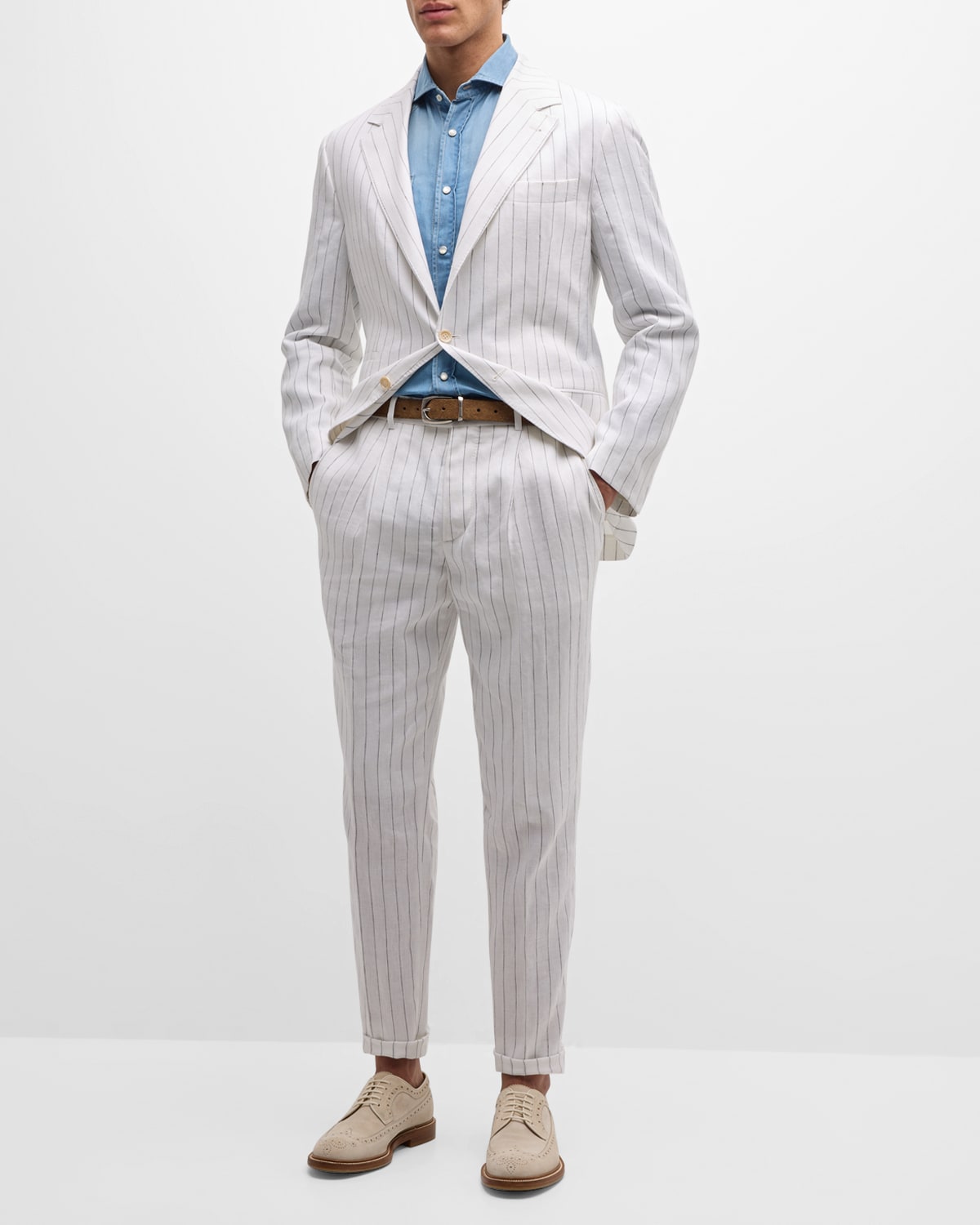 Shop Brunello Cucinelli Men's Linen Pinstripe Two-button Suit In White