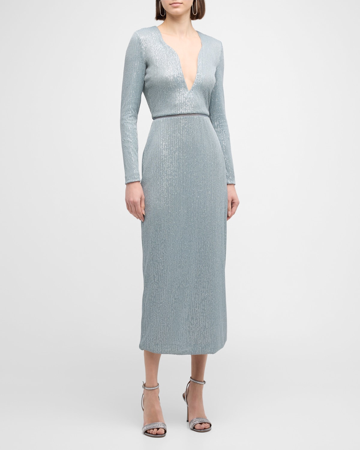 Giorgio Armani Plunging Sequined Knit Dress In Solid Medium Blue