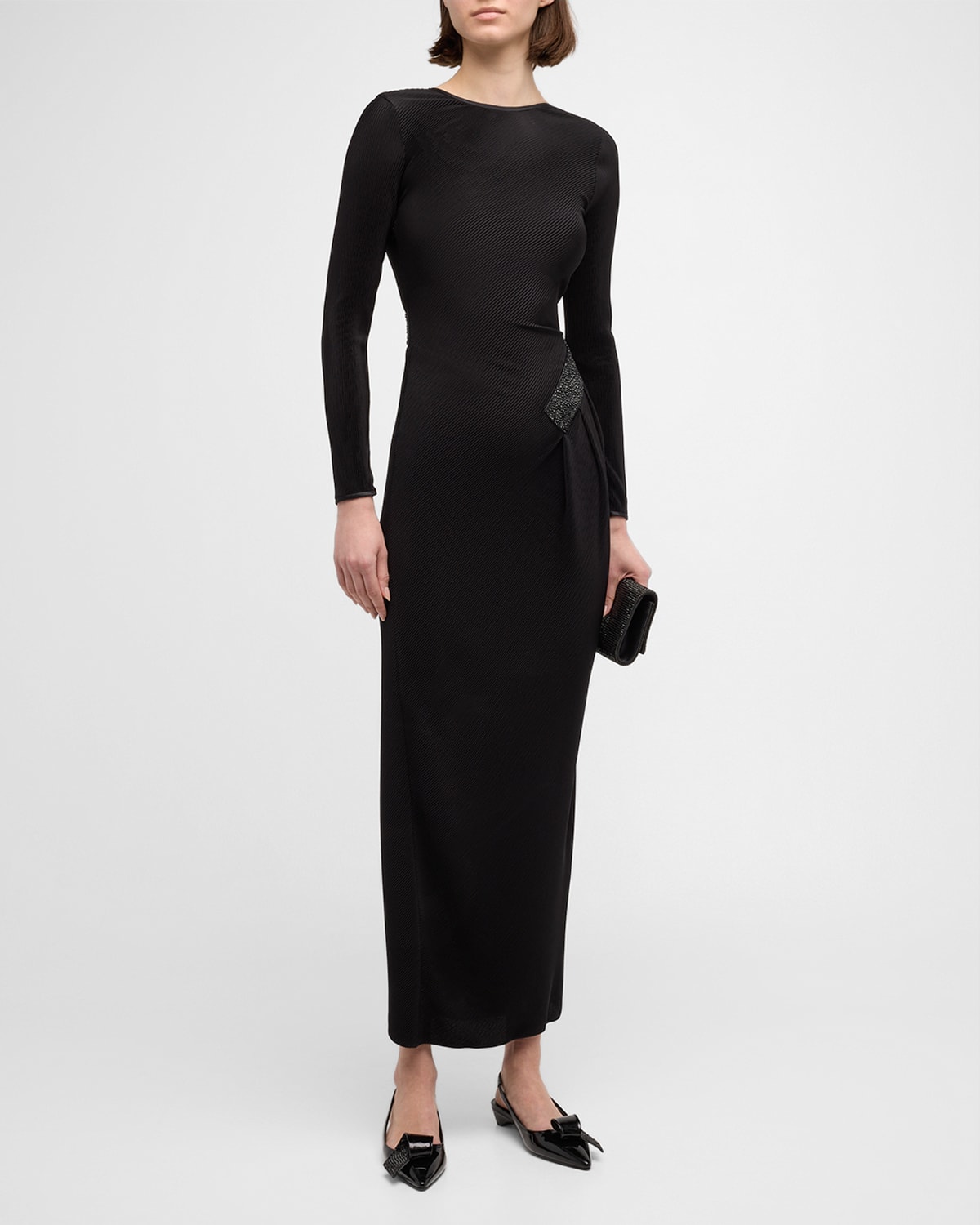 Shop Giorgio Armani Plisse Jersey Gown With Beaded Hip Detail In Solid Black