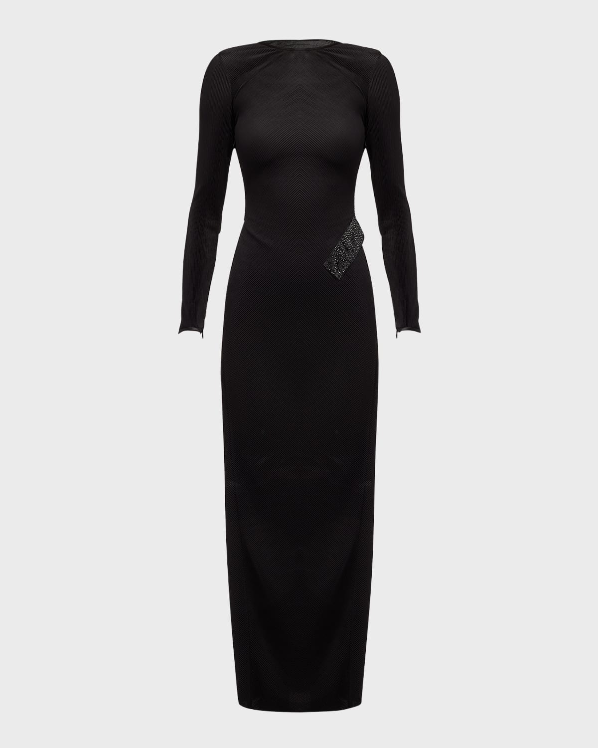 Shop Giorgio Armani Plisse Jersey Gown With Beaded Hip Detail In Solid Black