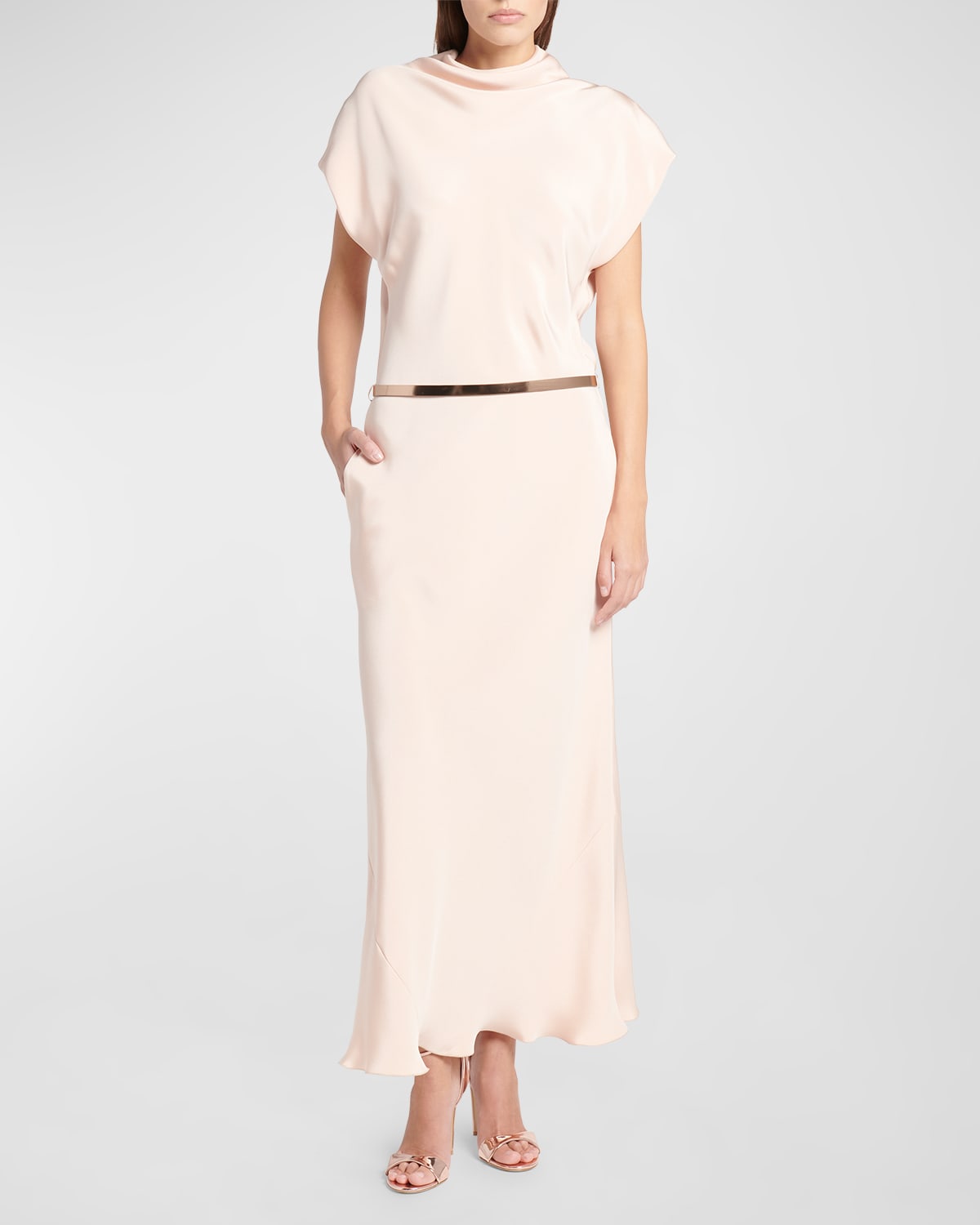 Cowl-Neck Silk Crepe Maxi Dress with Leather Belt