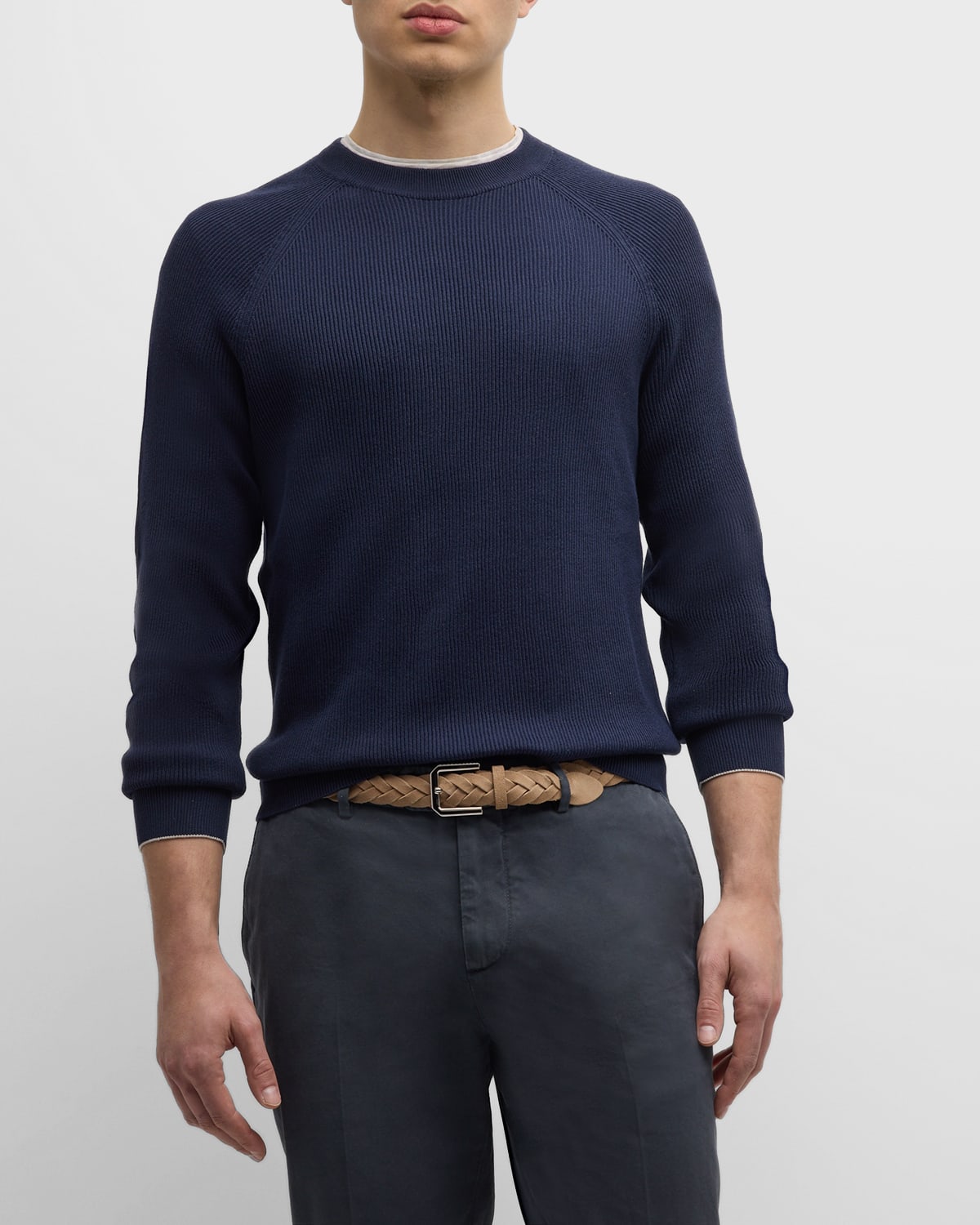 Brunello Cucinelli Men's Ribbed Cotton Crewneck Sweater In Navy