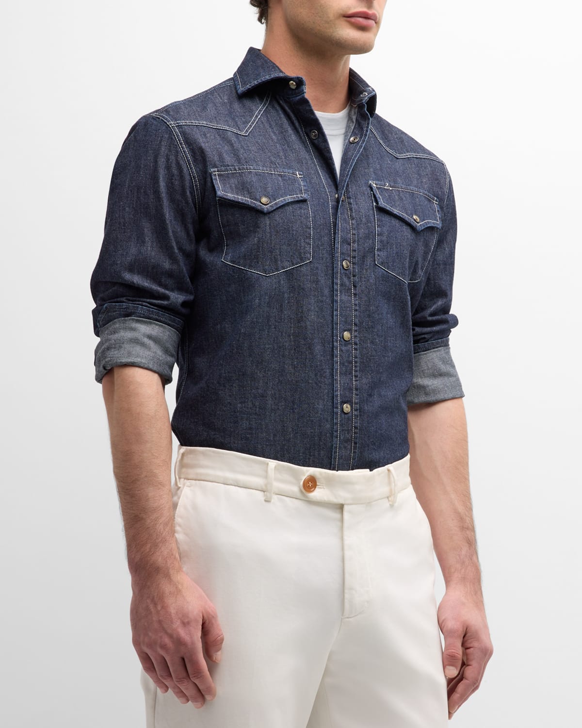 Shop Brunello Cucinelli Men's Denim Western Snap-front Shirt In Dark Blue