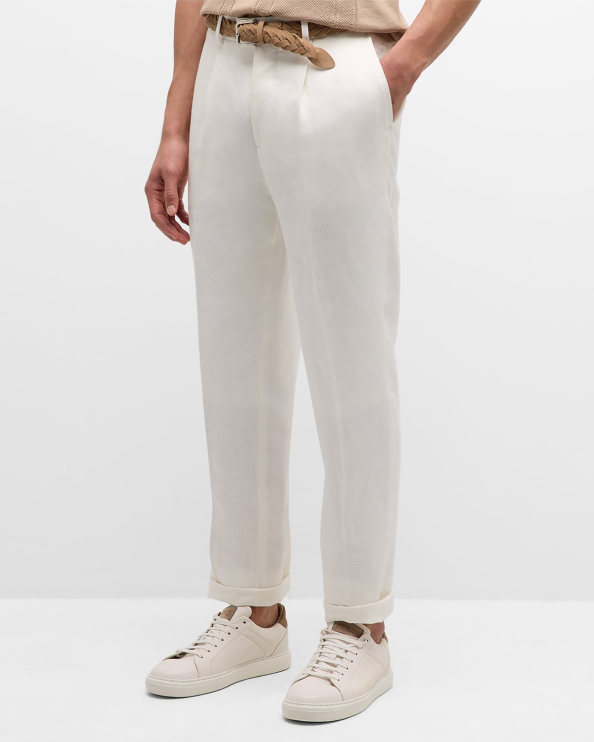 Shop Brunello Cucinelli Men's Linen Single-pleat Pants In Off White