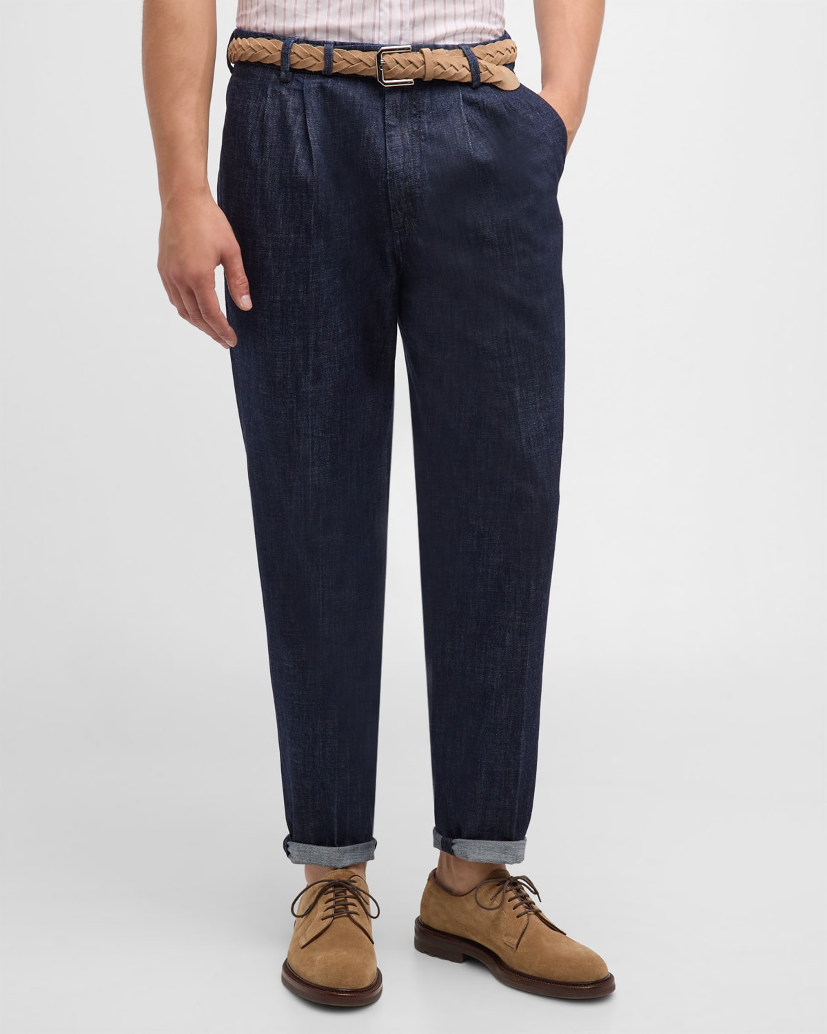 Brunello Cucinelli Men's Double-pleat Denim Pants In Medium Blue