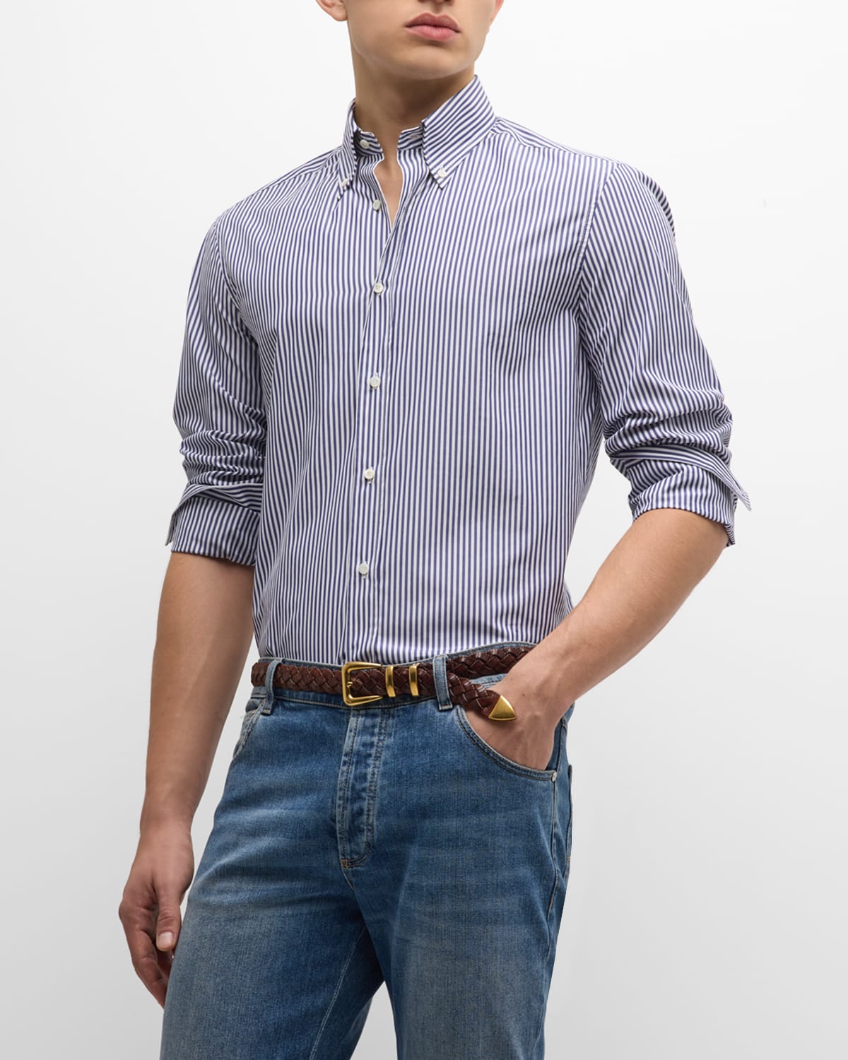 Brunello Cucinelli Men's Cotton Stripe-print Button-down Shirt In C375 C375
