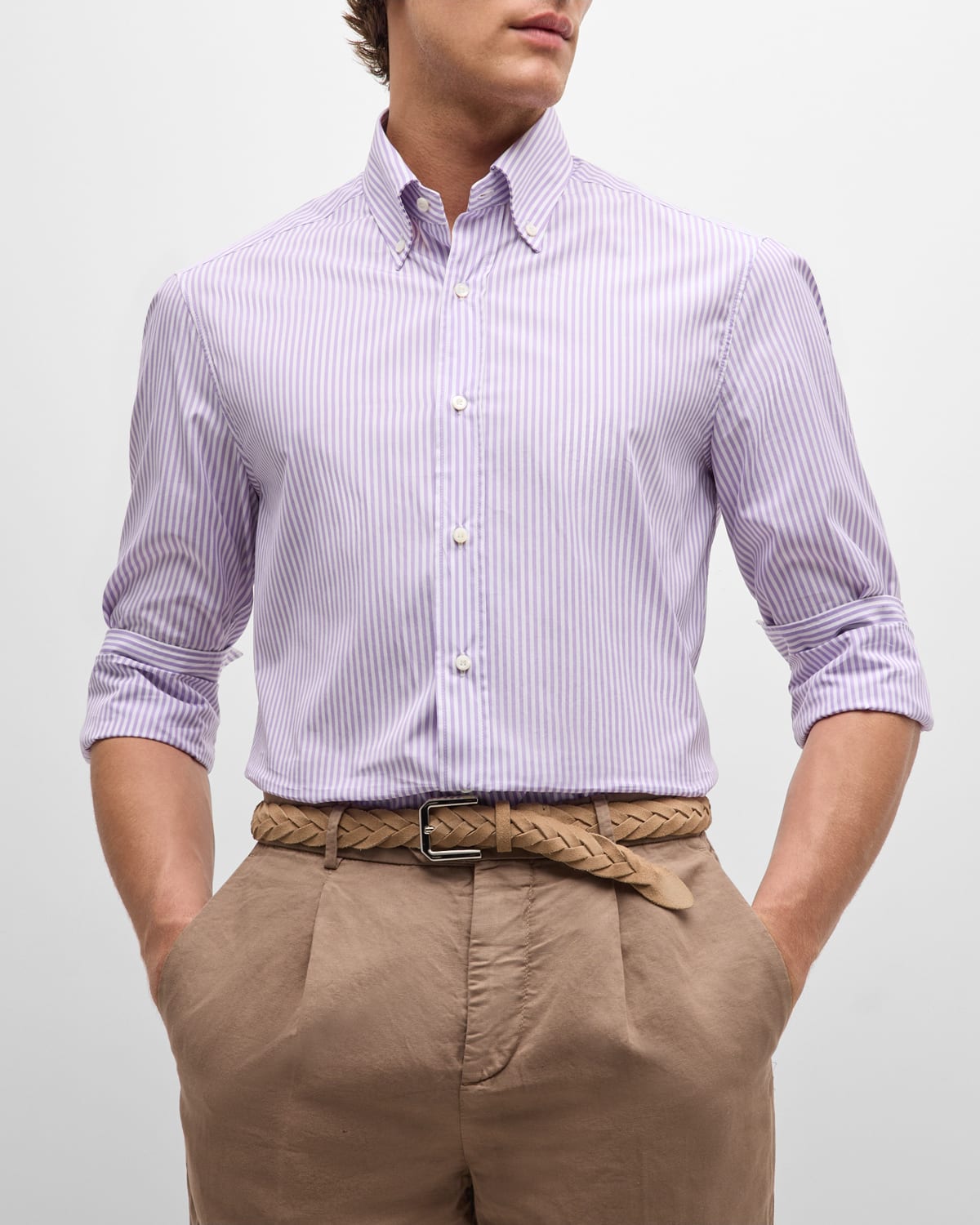 Shop Brunello Cucinelli Men's Cotton Stripe-print Button-down Shirt In White/purple
