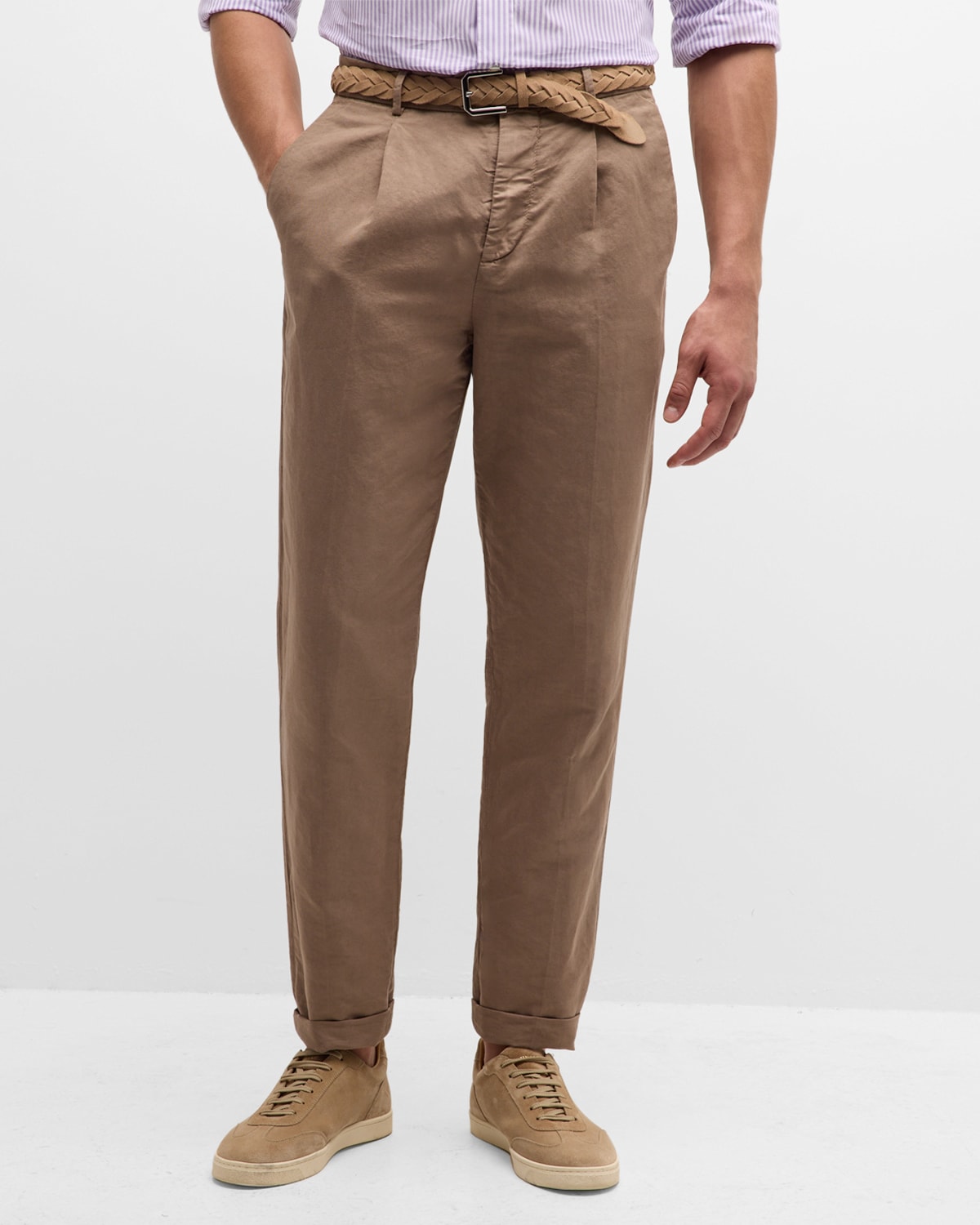Shop Brunello Cucinelli Men's Slim Fit Cotton-linen Pleated Pants In Brown