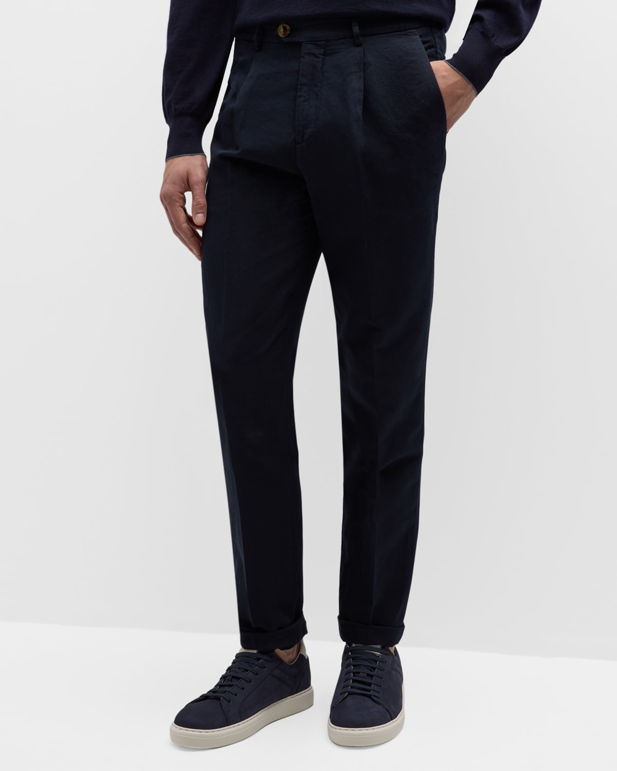 Brunello Cucinelli Men's Slim Fit Cotton-linen Pleated Pants In C6309 Brown