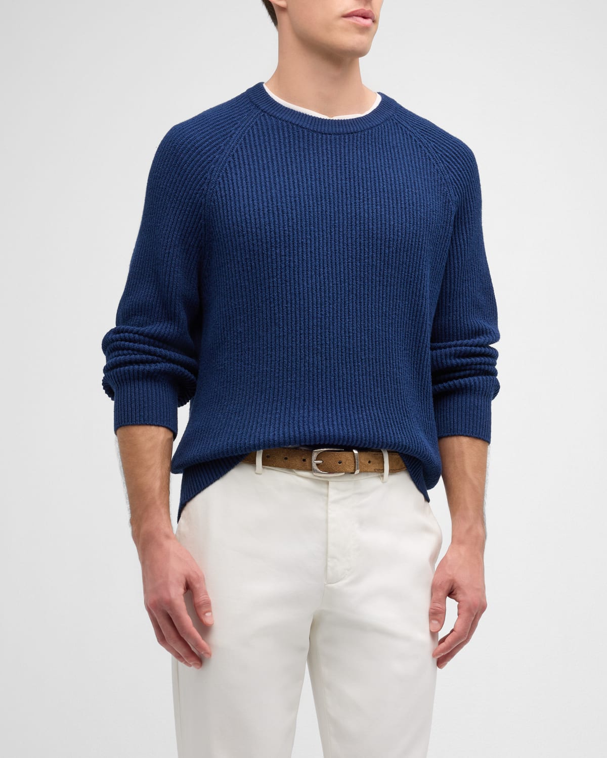 Brunello Cucinelli Men's Cotton Ribbed Crewneck Sweater In Blue