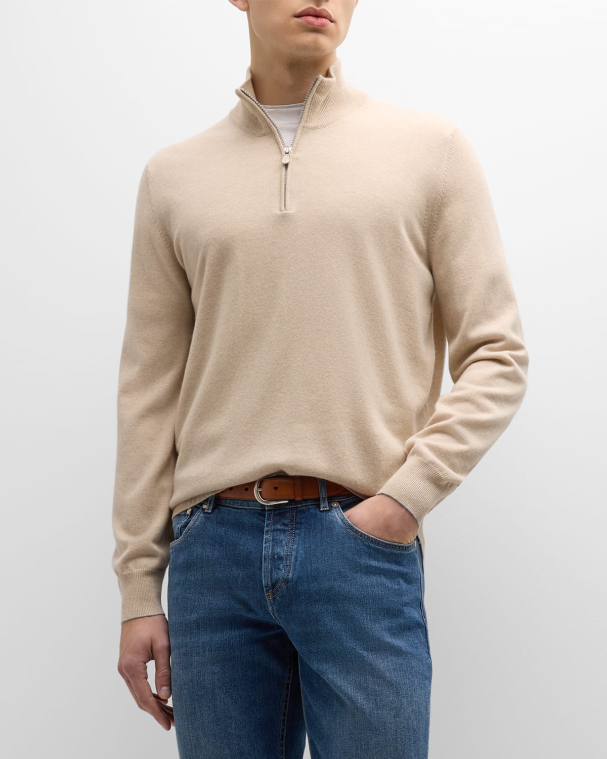 Brunello Cucinelli Men's Cashmere Quarter-zip Sweater In Sand