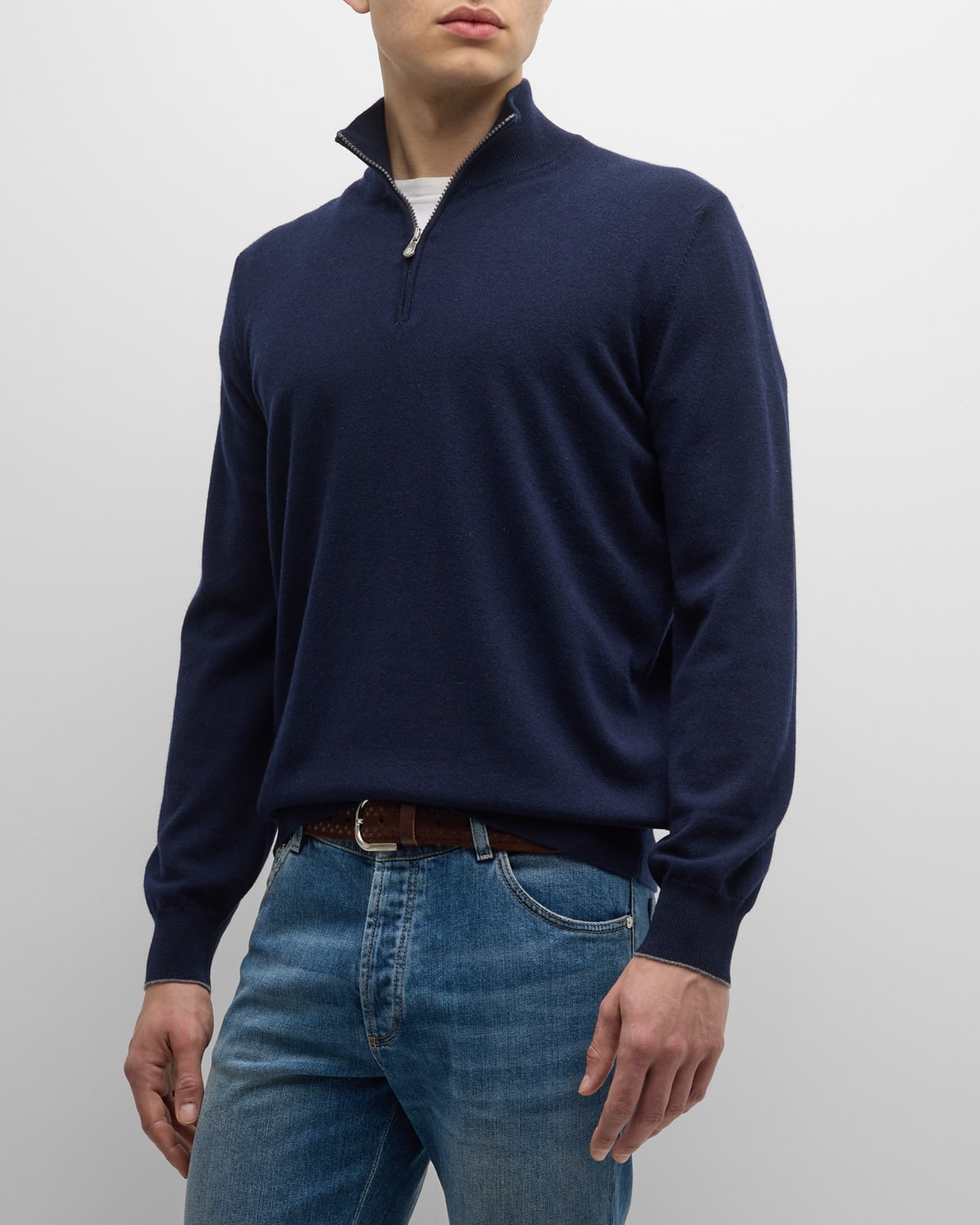 Shop Brunello Cucinelli Men's Cashmere Quarter-zip Sweater In Navy