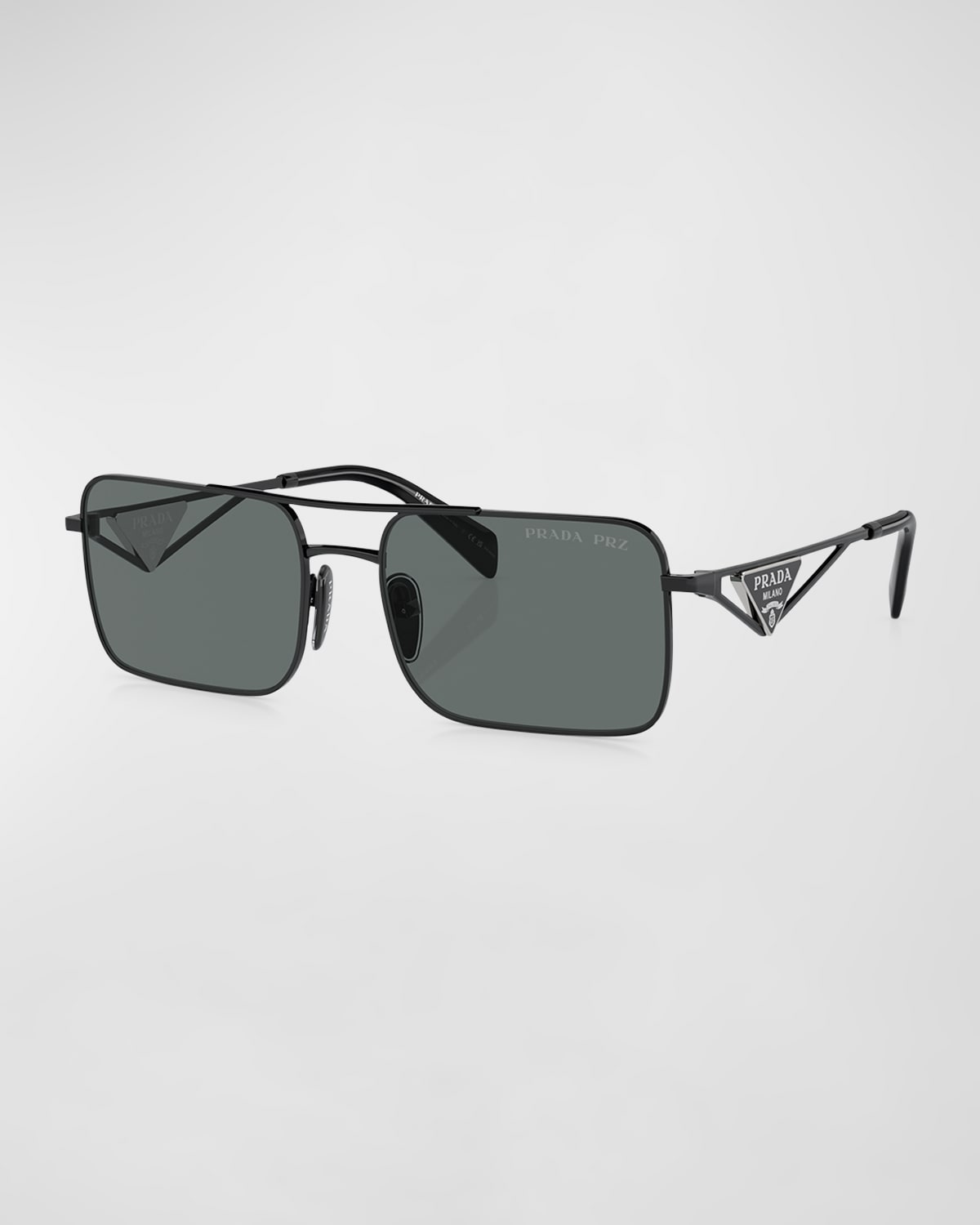 Prada Men's Triangle Logo Steel Rectangle Sunglasses In Black