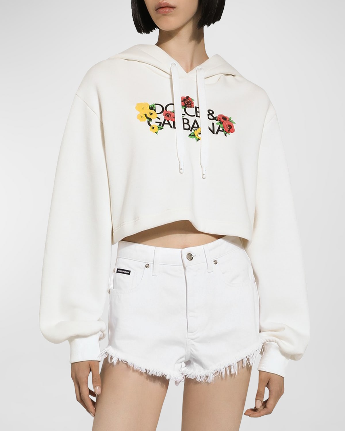 Shop Dolce & Gabbana Floral Logo-print Cropped Cotton Hoodie In White