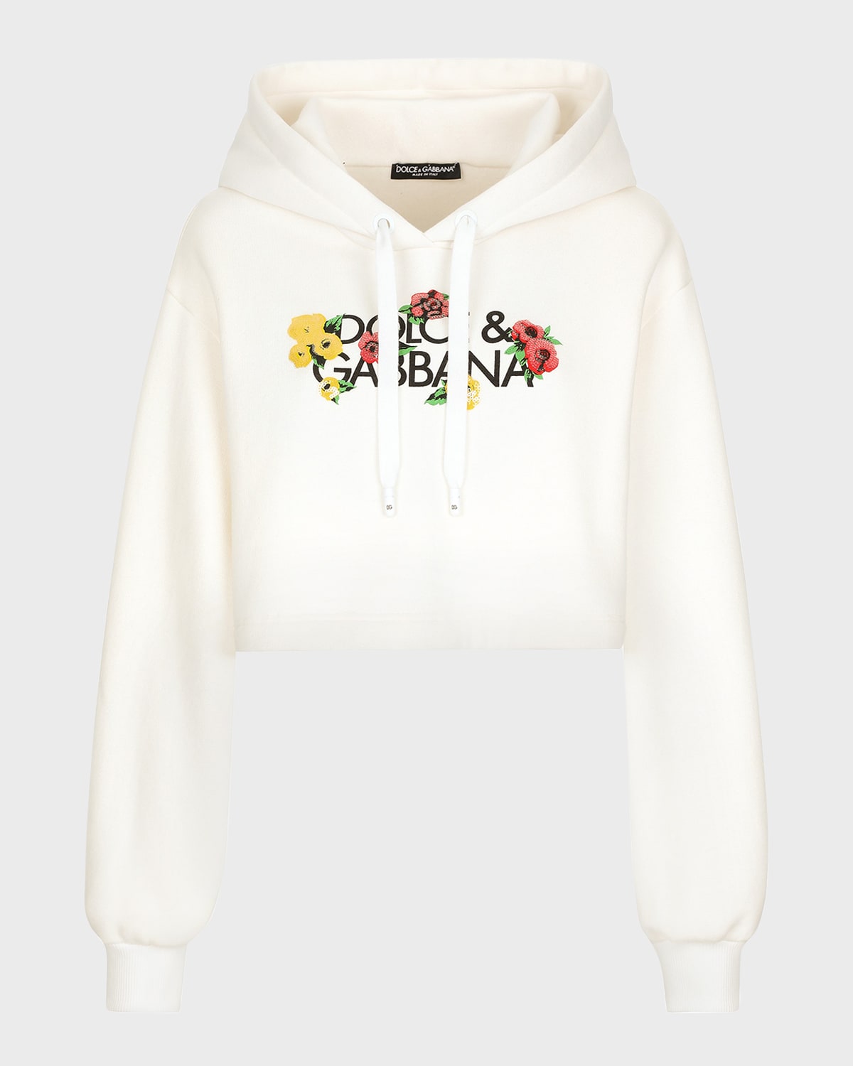 Shop Dolce & Gabbana Floral Logo-print Cropped Cotton Hoodie In White