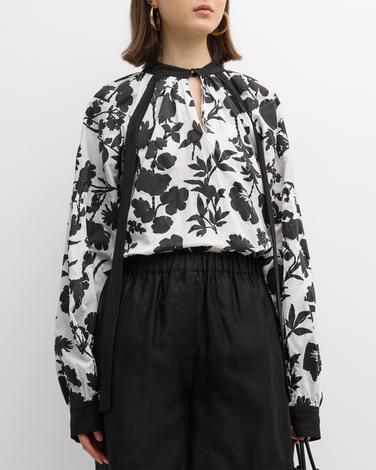 Shop Max Mara Gaetana Floral-print Long-sleeve Blouse In White Black