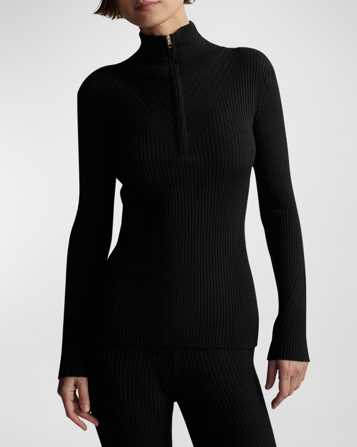 Shop Varley Demi Half-zip Rib-knit Pullover In Black