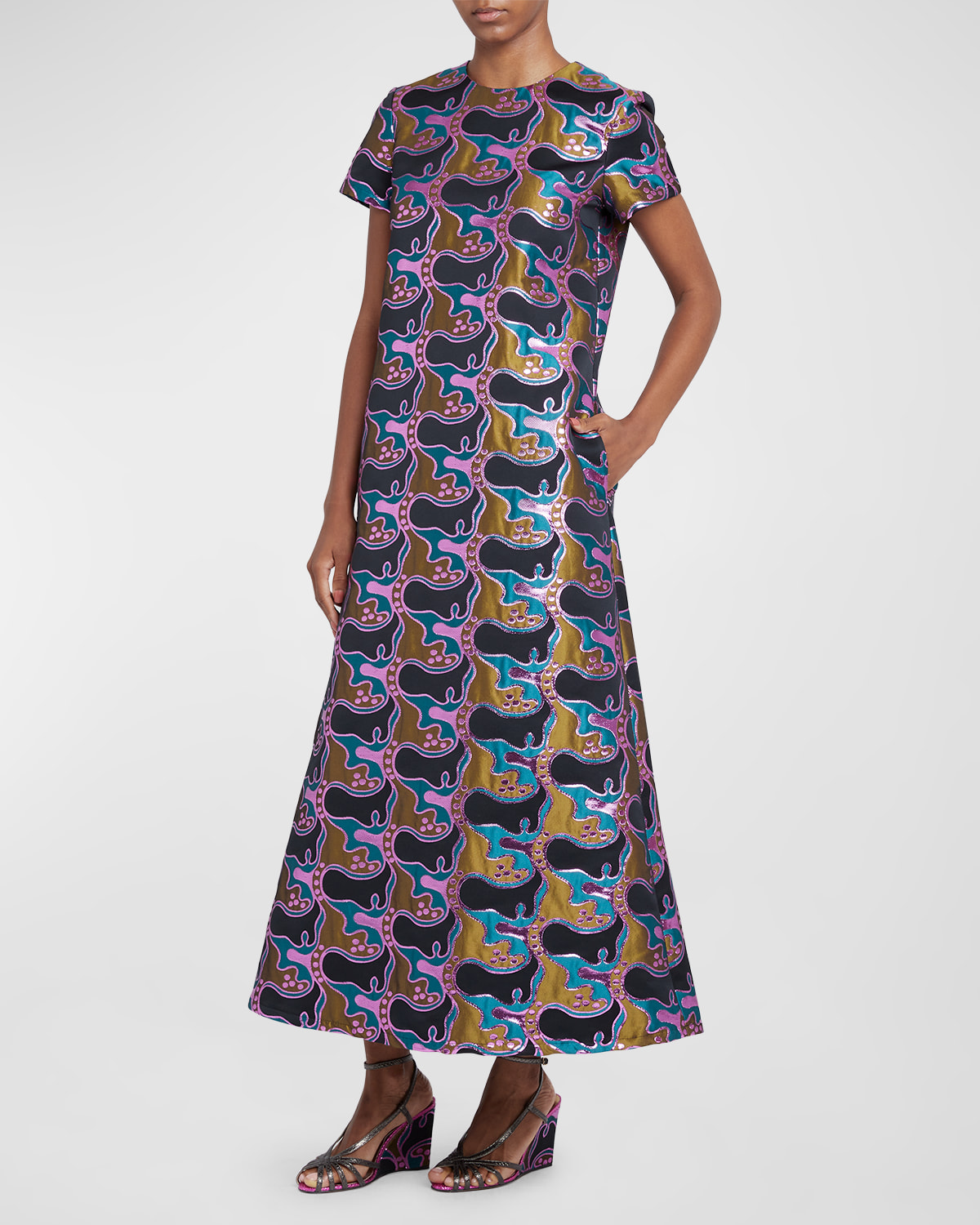 La Doublej Iconic Jacquard Swing Dress In Medium Blue