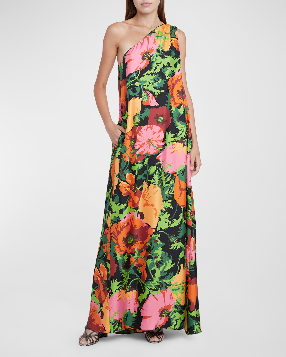 La Doublej Roy Floral One-shoulder Maxi Silk Twill Dress In Black