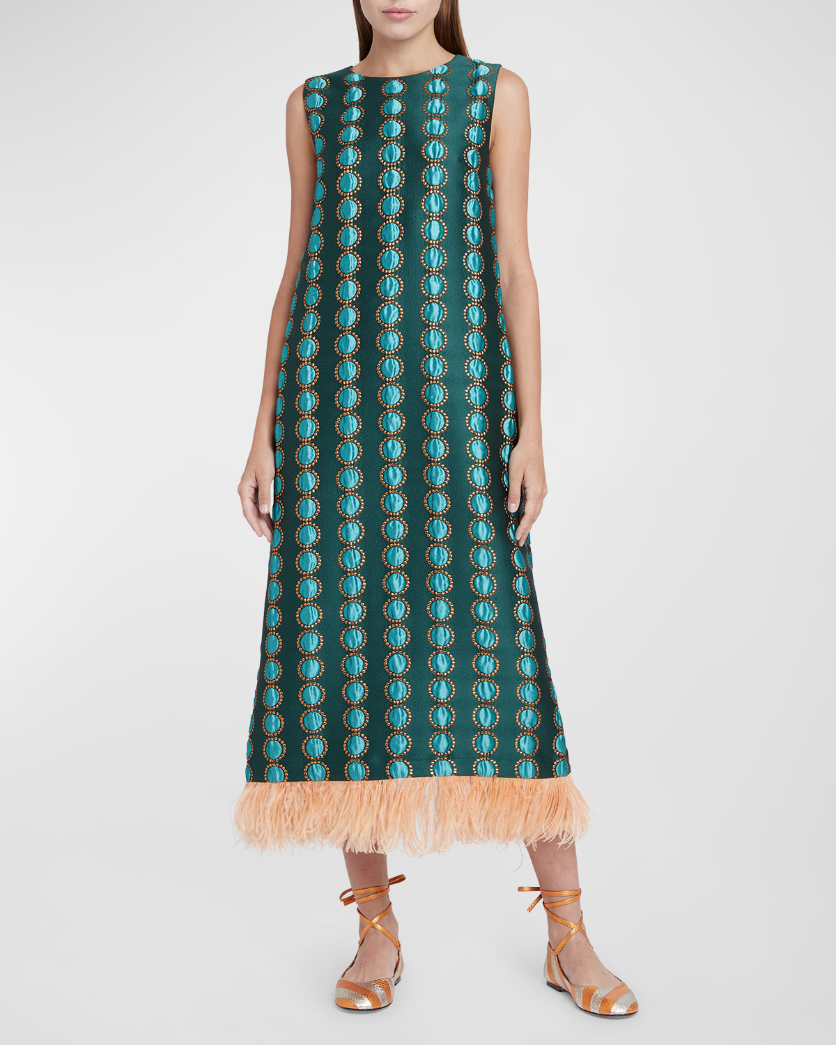 Shop La Doublej Jacquard Column Dress With Feather Trim In Bright Green