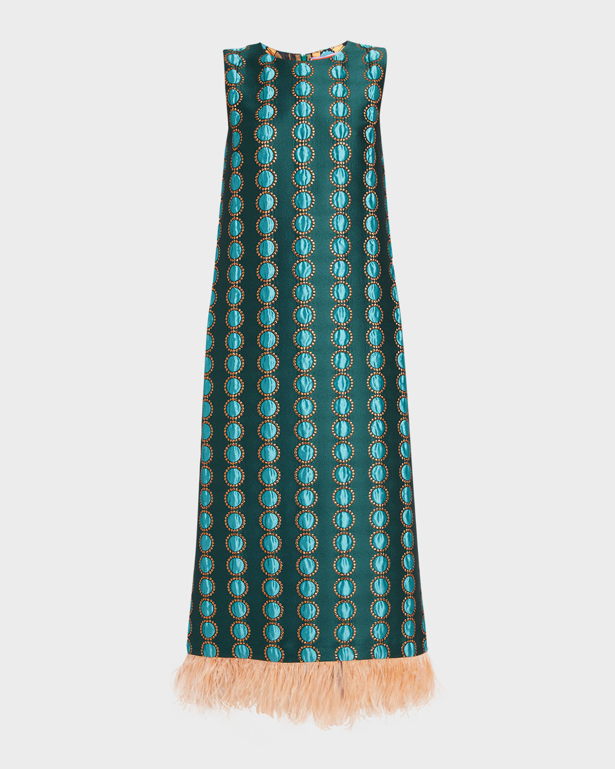 La Doublej Jacquard Column Dress With Feather Trim In Bright Green