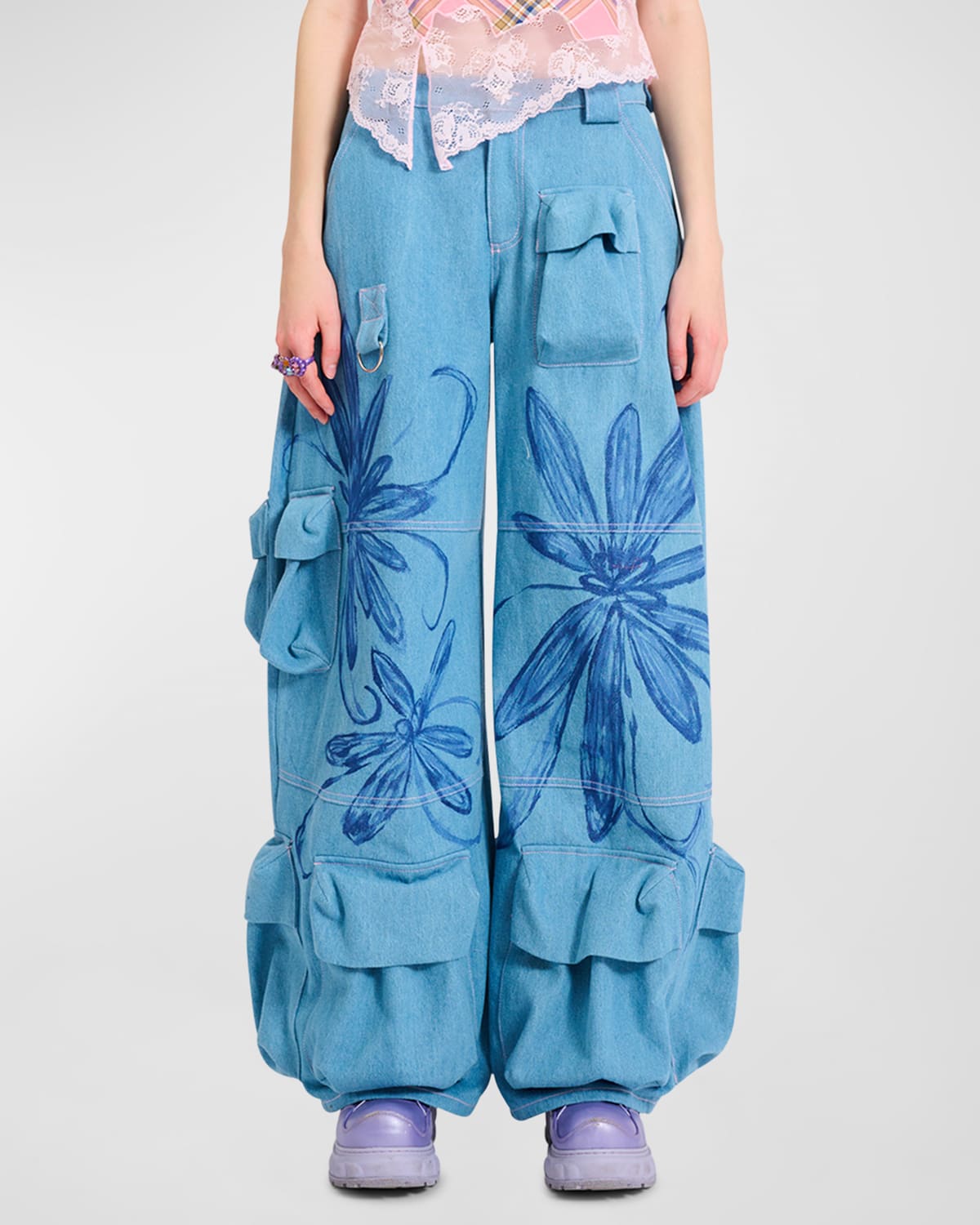 Shop Collina Strada Garden Denim Cargo Pants In Flower Burst Blue