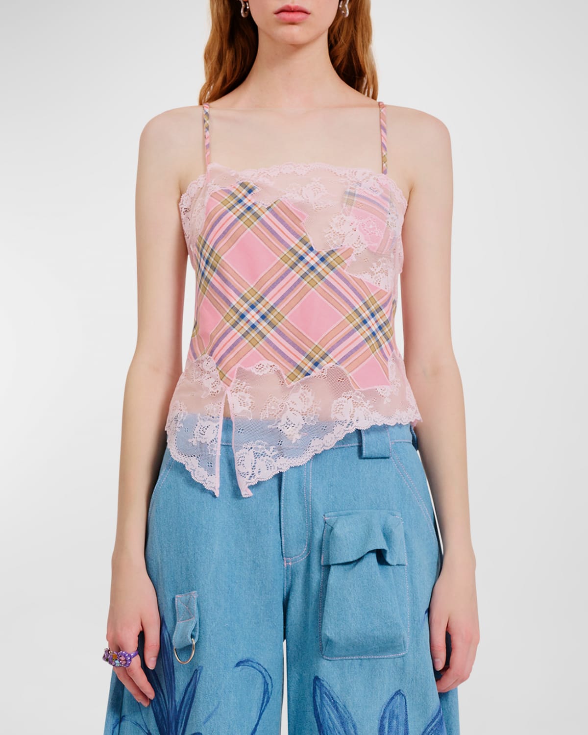 Collina Strada Hiss Plaid Lace-edge Cropped Cami Top In Pink Plaid