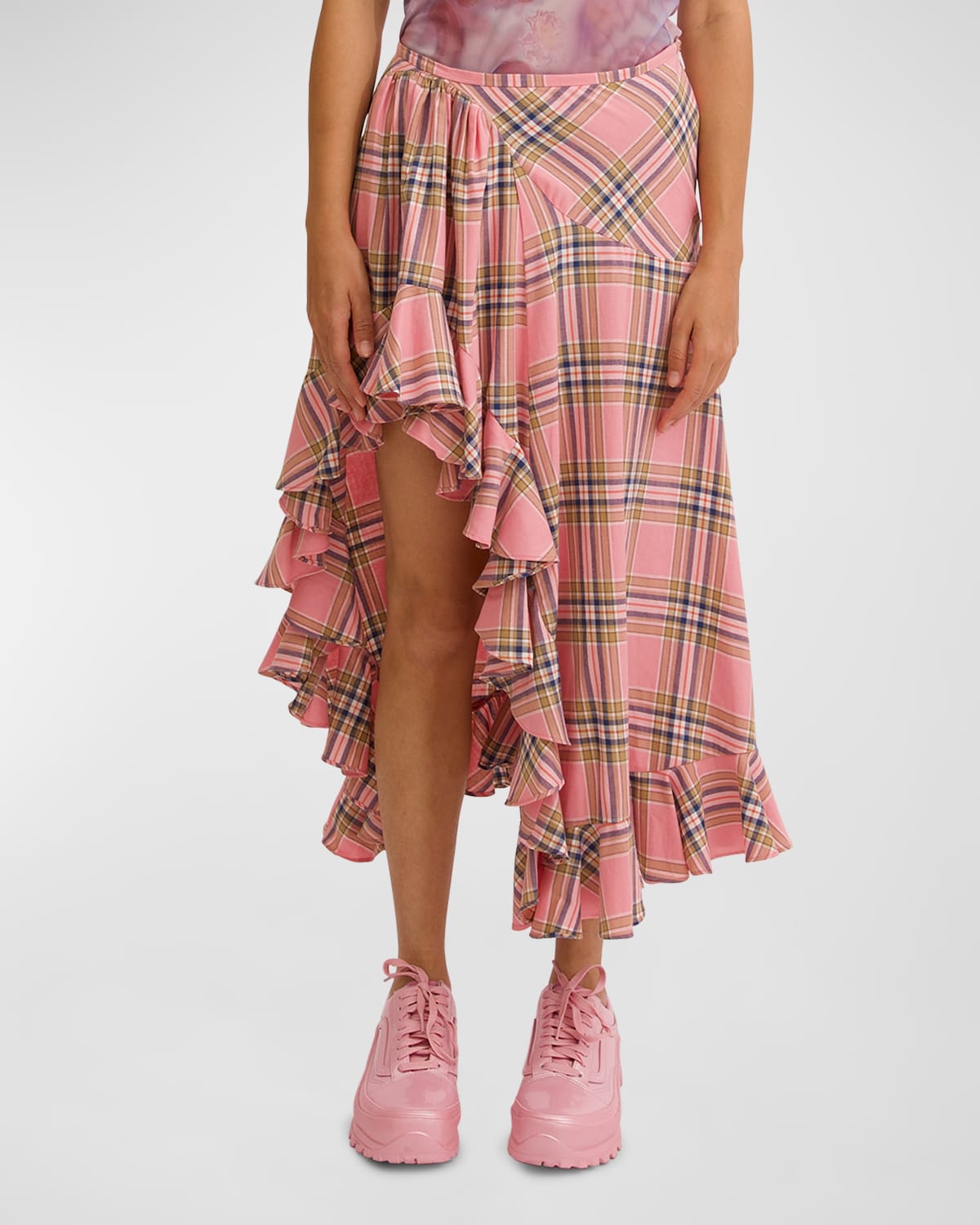 Shop Collina Strada Florist Plaid Asymmetric Ruffled Skirt In Pink Plaid