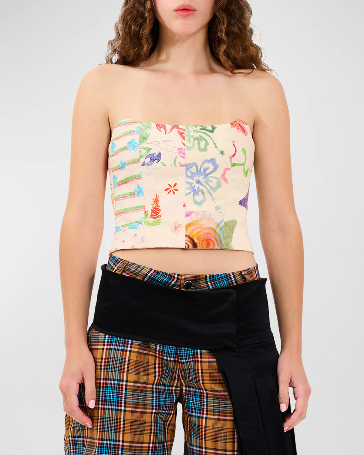 Collina Strada Denim Patchwork Corset Top In Doodle Mix