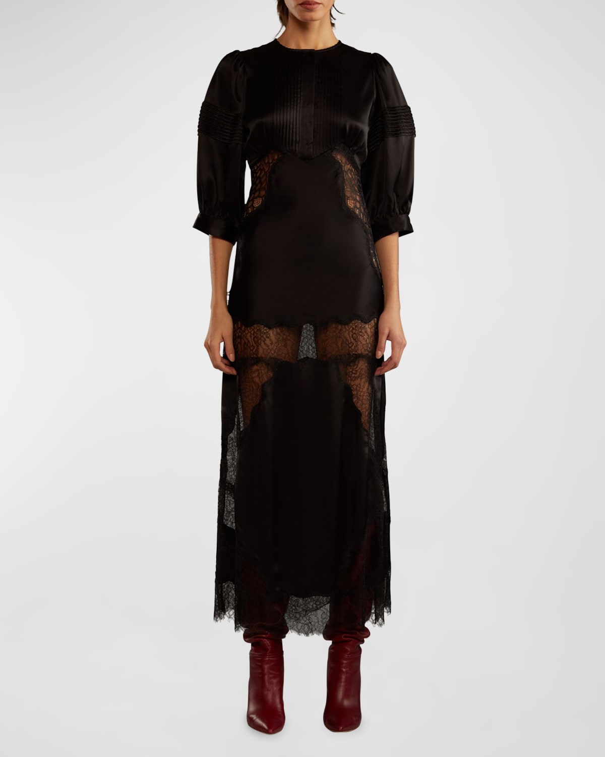 Shop Cynthia Rowley Blouson-sleeve Lace & Silk Charmeuse Midi Dress In Black