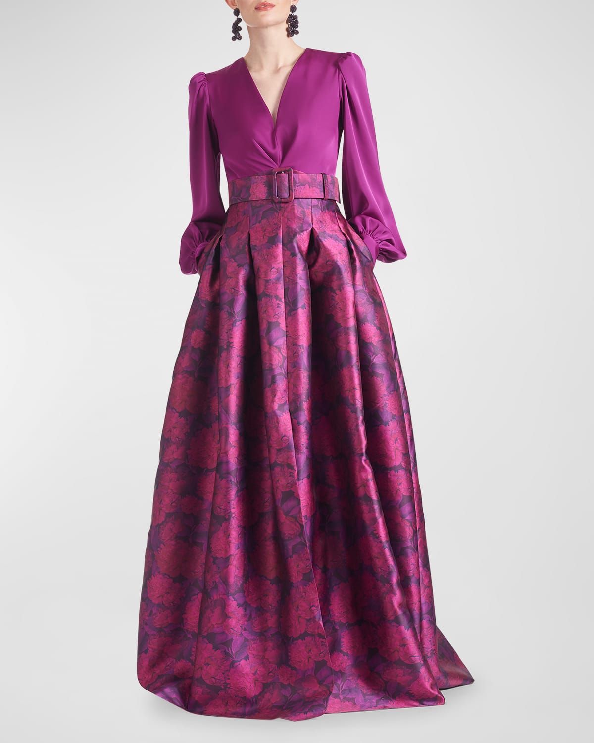 Zoe Belted Floral-Print Blouson-Sleeve Gown