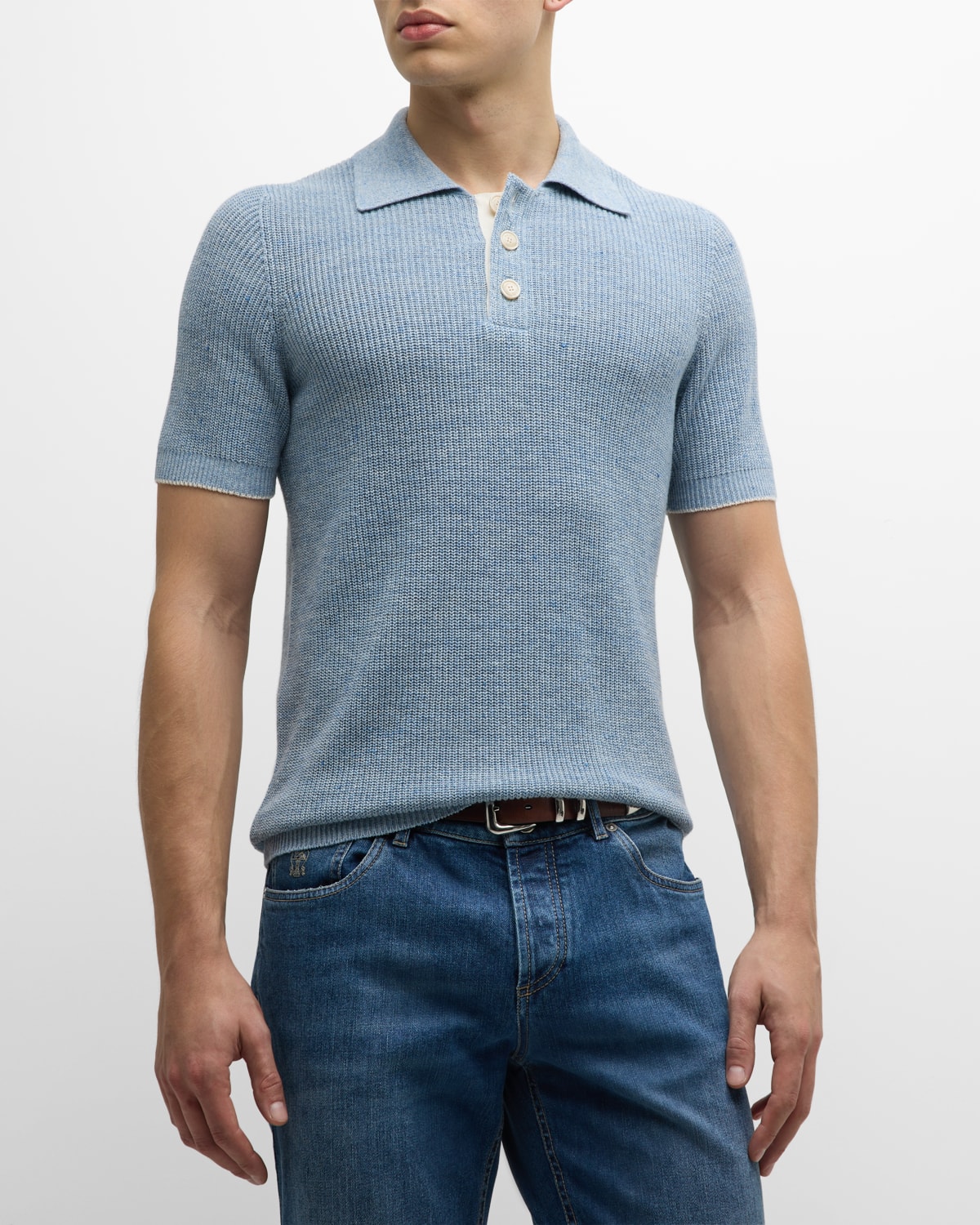 Shop Brunello Cucinelli Men's Cotton-linen Melange Ribbed Polo Shirt In Light Blue