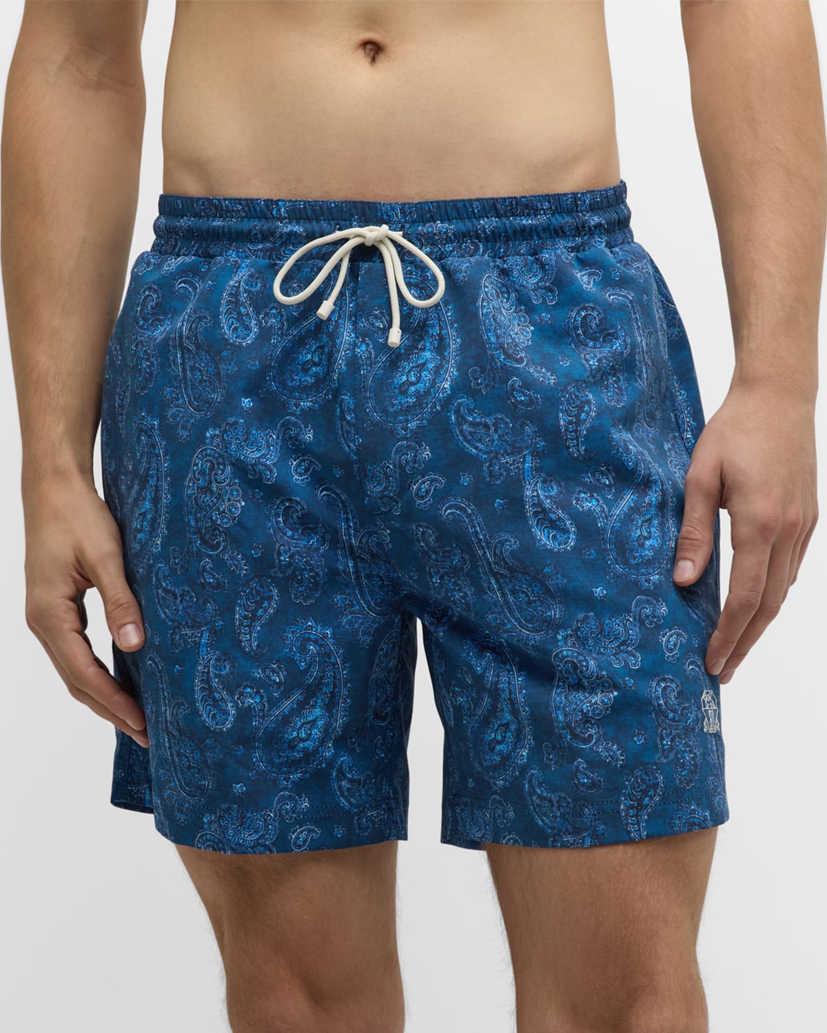 Brunello Cucinelli Men's Paisley-print Drawstring Swim Shorts In Cq239 Denim Blue