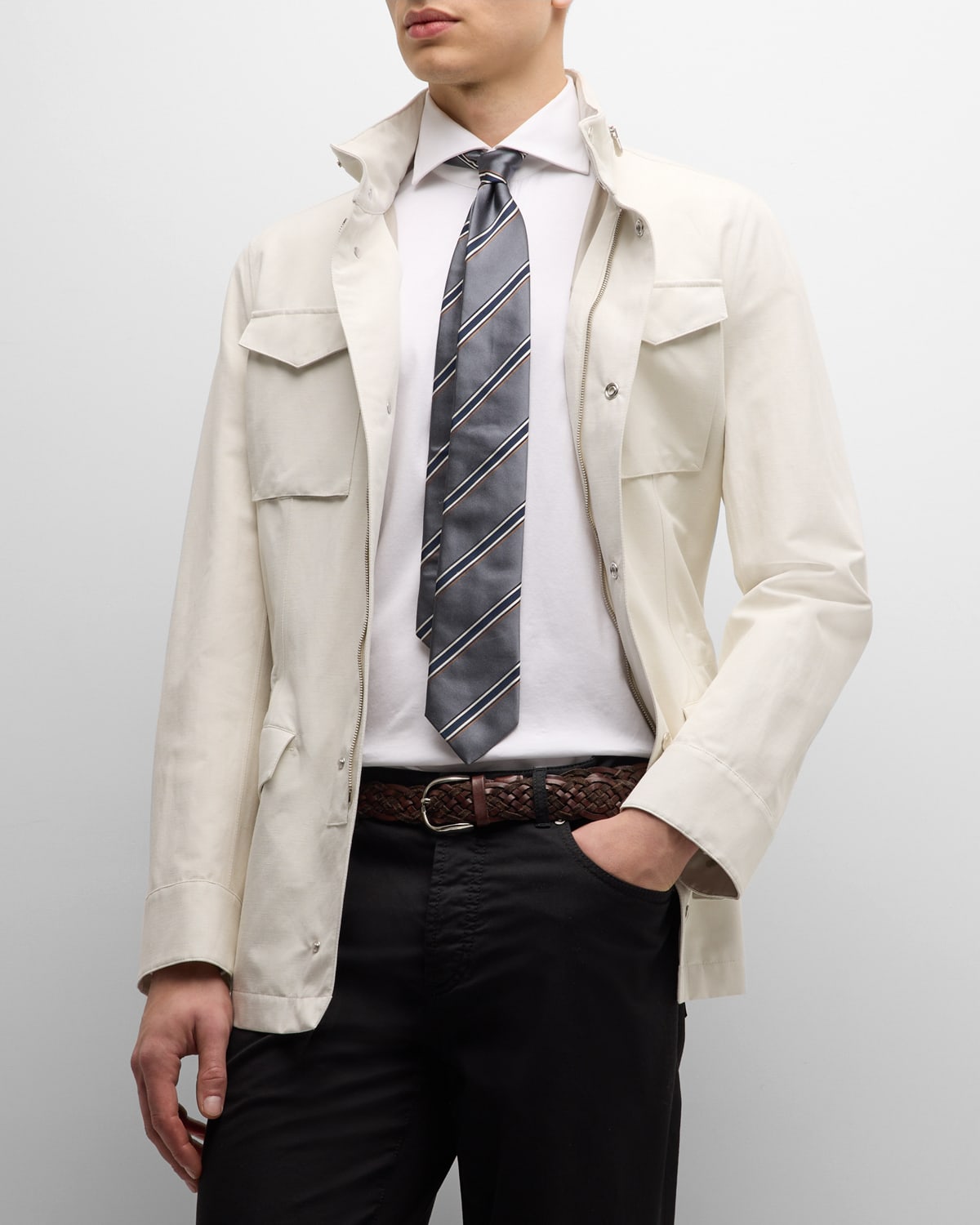 Shop Brunello Cucinelli Men's Linen-silk Concealed Zip Safari Jacket In Ecru