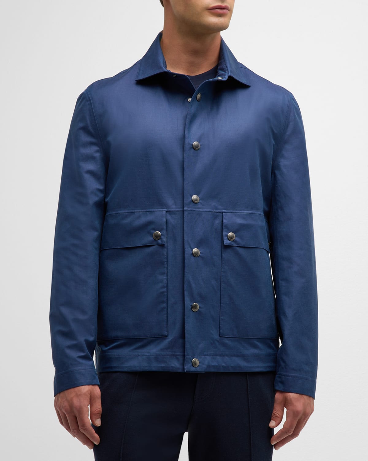 Shop Brunello Cucinelli Men's Linen-silk Snap-front Car Coat In Blue