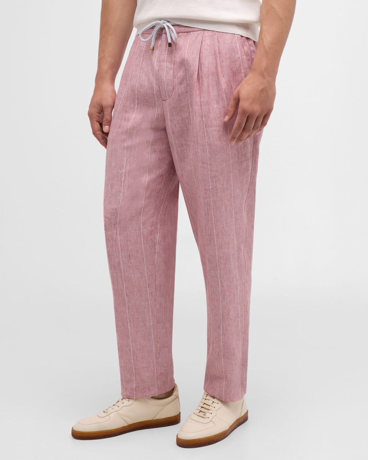 Brunello Cucinelli Men's Linen Wide-stripe Drawstring Trousers In Pink