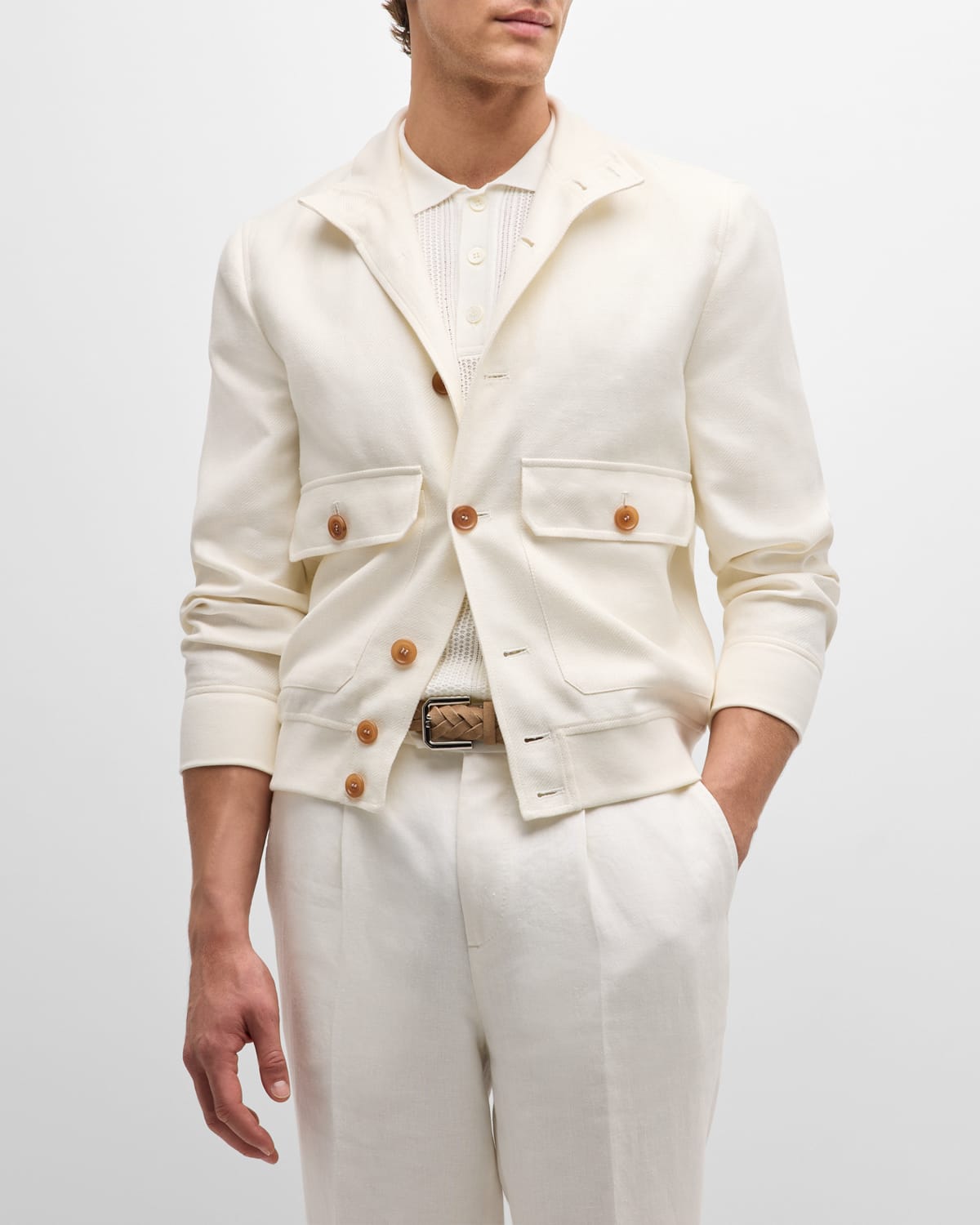 Shop Brunello Cucinelli Men's Brunello Style Bomber Jacket With Pockets In Off White