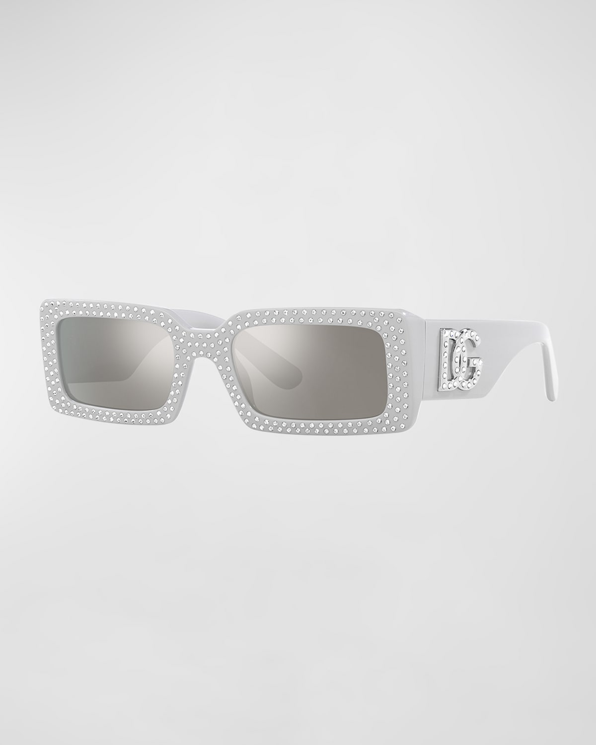 Dolce & Gabbana Mirrored Embellished Dg Acetate Rectangle Sunglasses In Silver Mirror