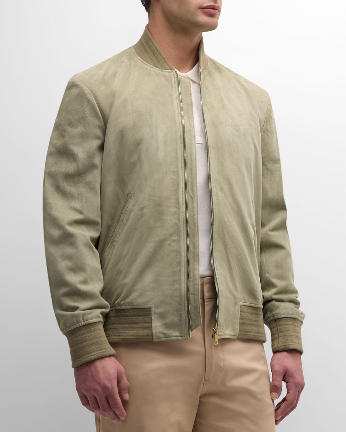 Shop Paul Smith Men's Suede Full-zip Bomber Jacket In Light Green