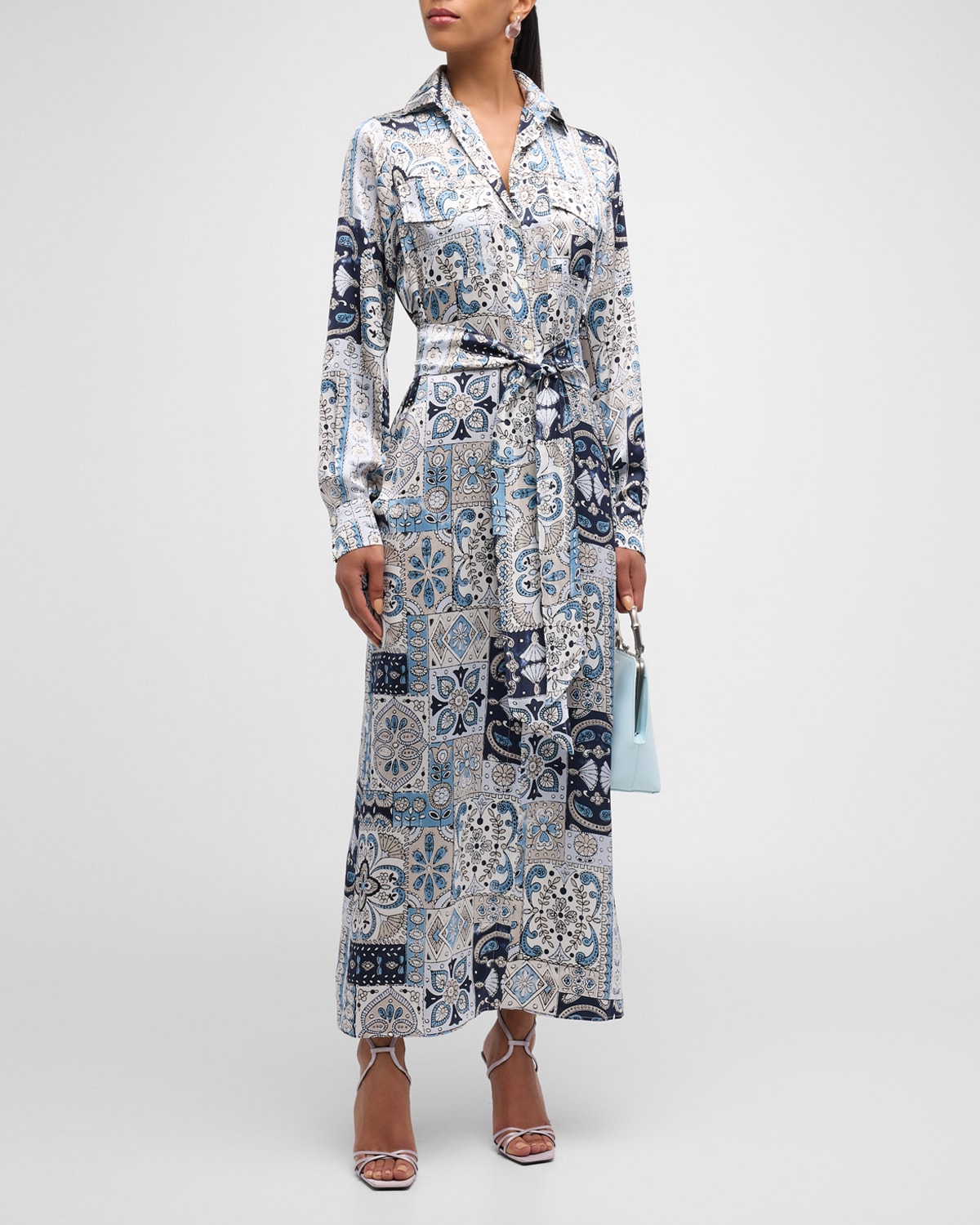 Eleventy Patchwork-print Silk Midi Shirtdress In Baby Blue