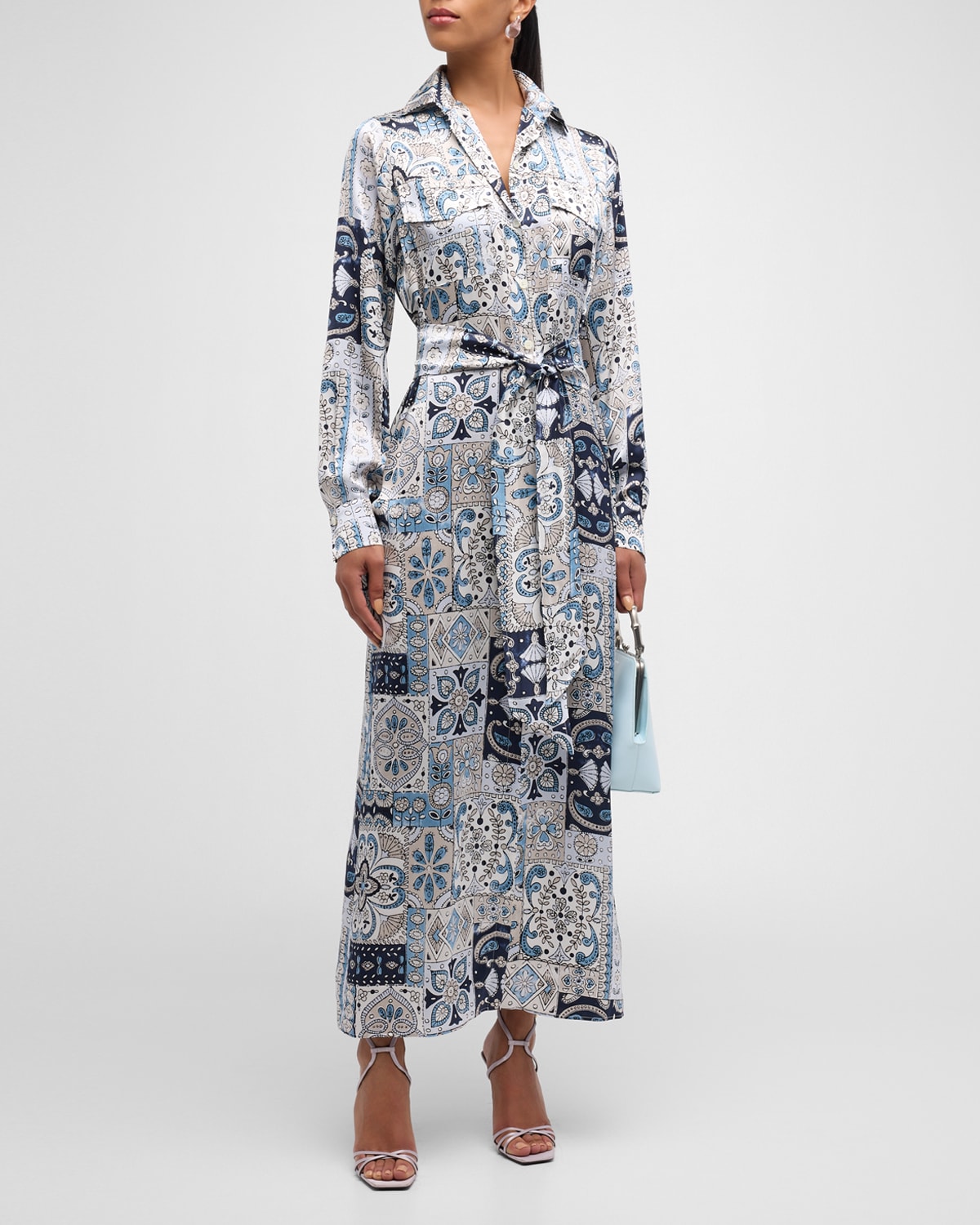 Shop Eleventy Patchwork-print Silk Midi Shirtdress In Baby Blue