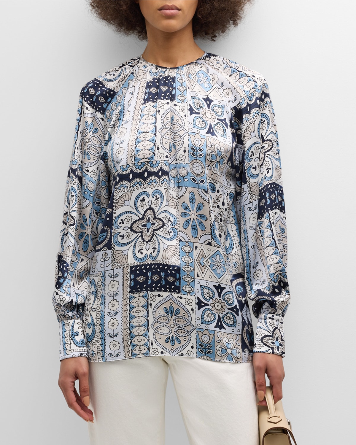 Pleated Floral-Print Silk Shirt