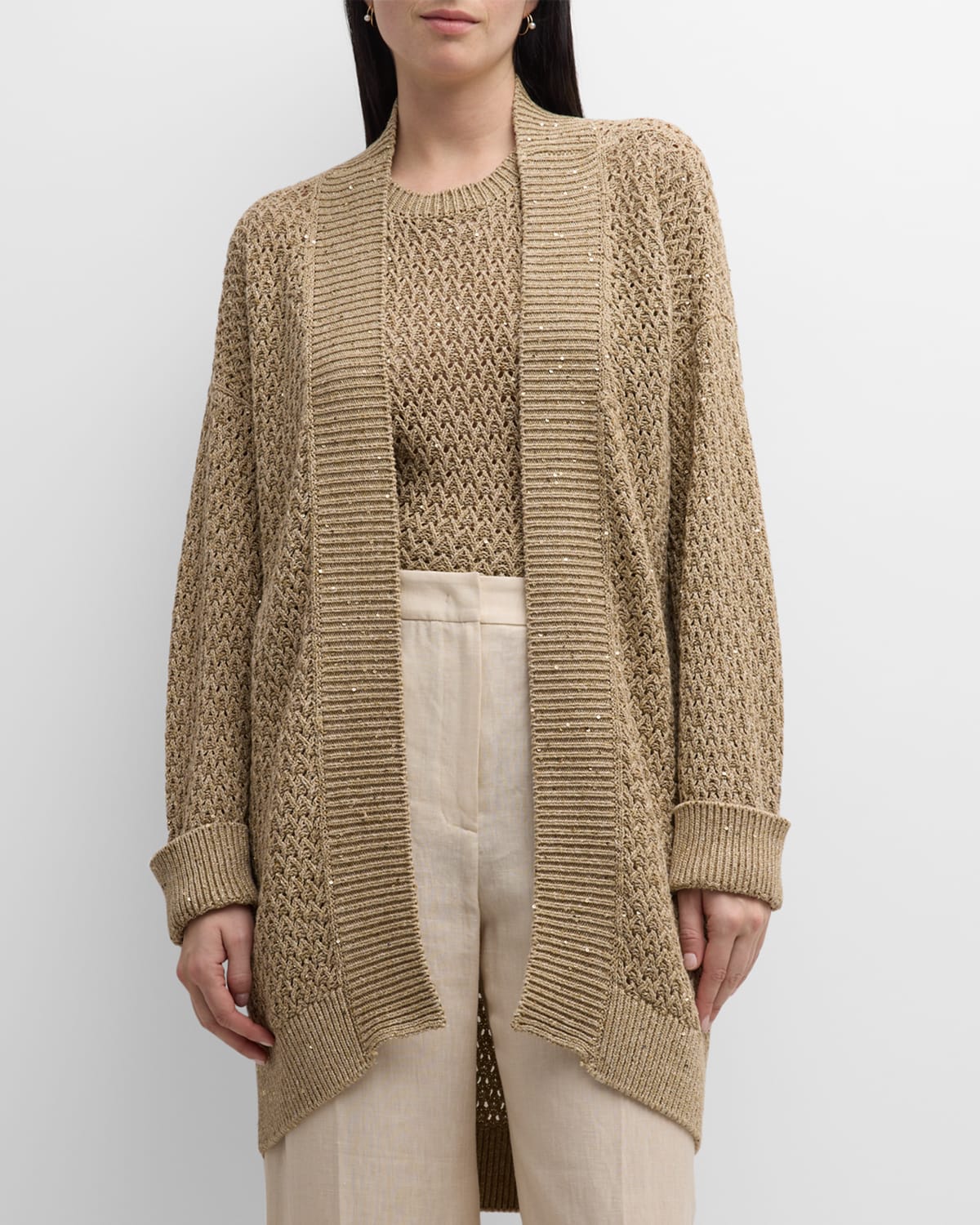 Shop Eleventy Metallic Chunky Knit Cardigan In Sand